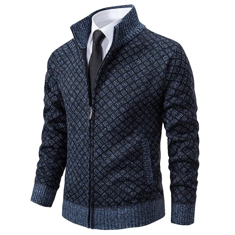 Men's geometric diamond-pattern zip-up jumper with raised collar and ribbed trim