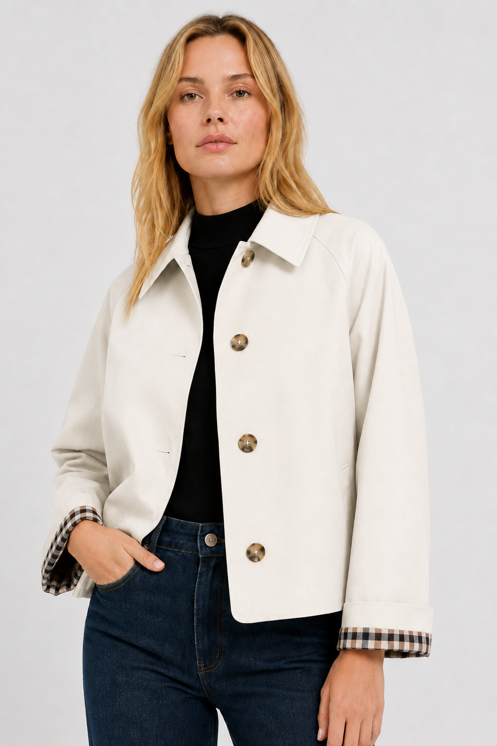 Women's lightweight collared jacket with button front and checked turned-back cuffs