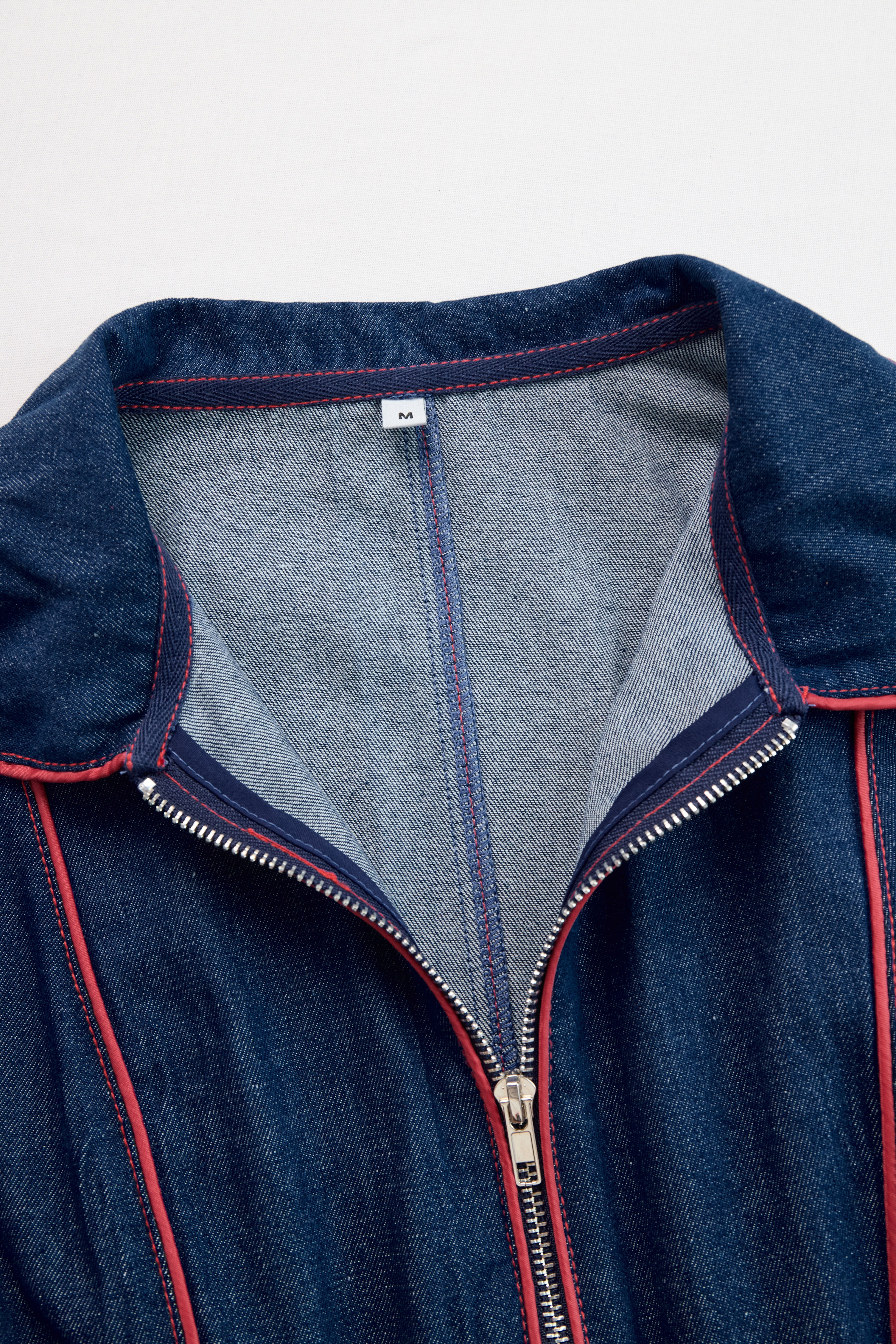 Women's Denim Zip Jumpsuit Red Topstitch Loose Fit