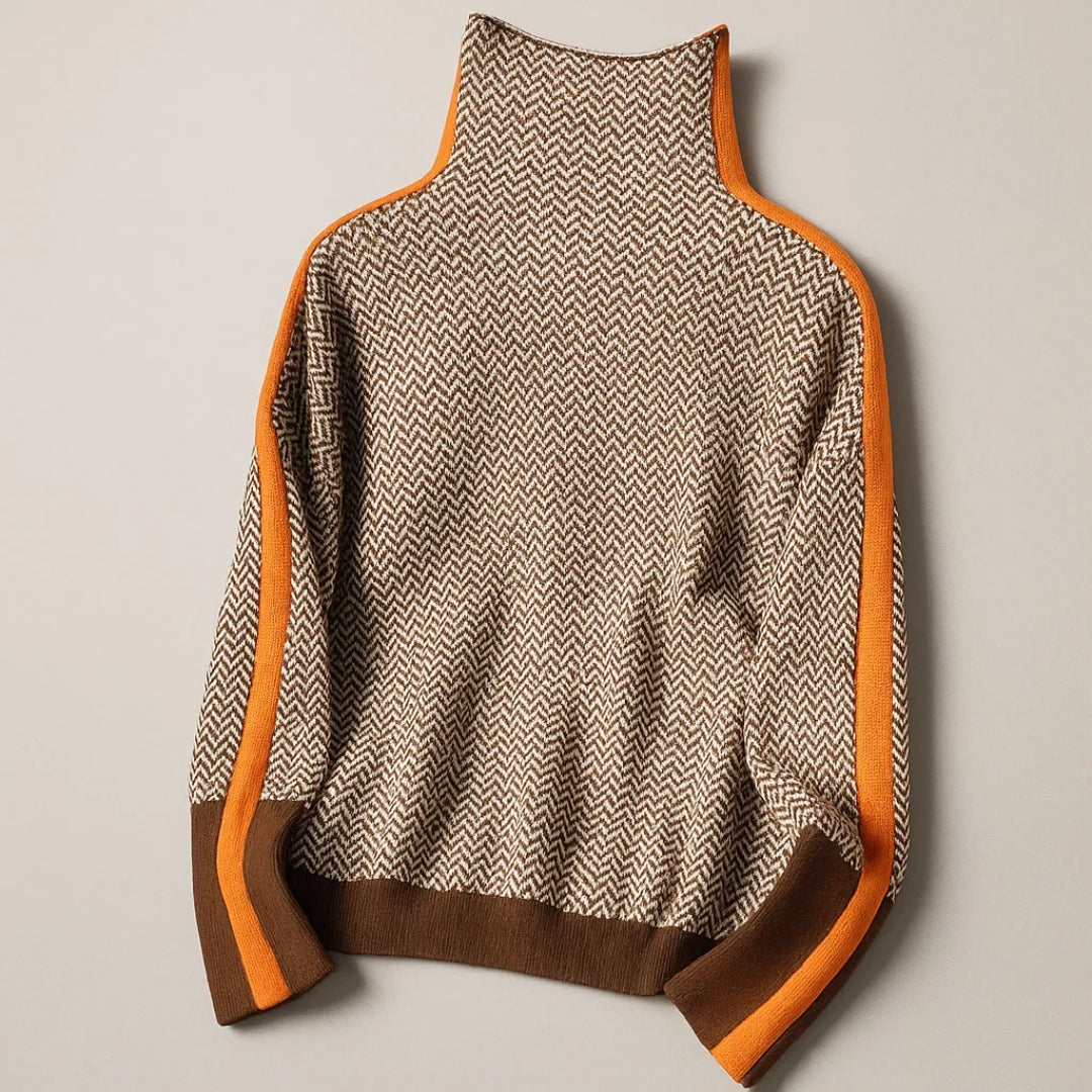 Women's chevron turtleneck jumper with contrast sleeve trims