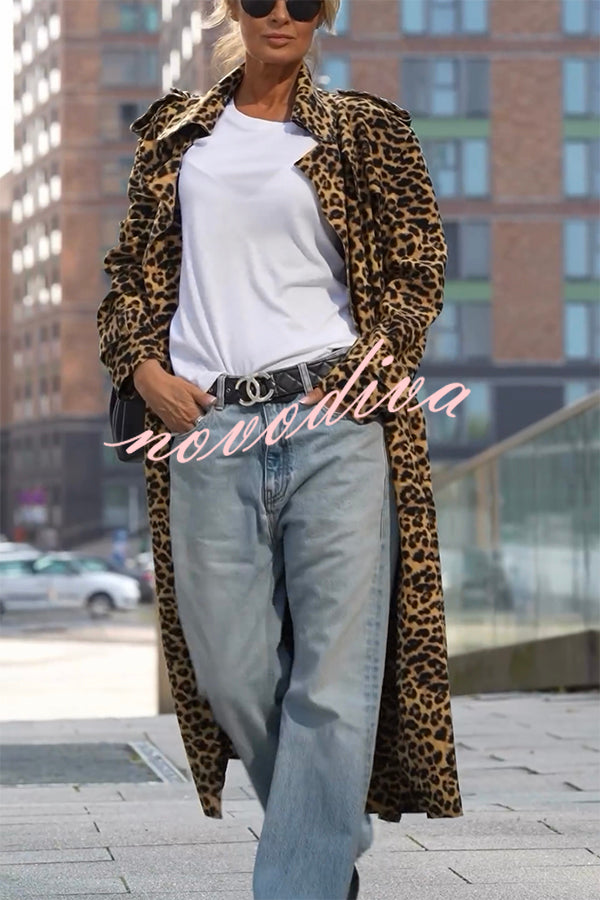 Women's long leopard print coat with lapel collar and long sleeves