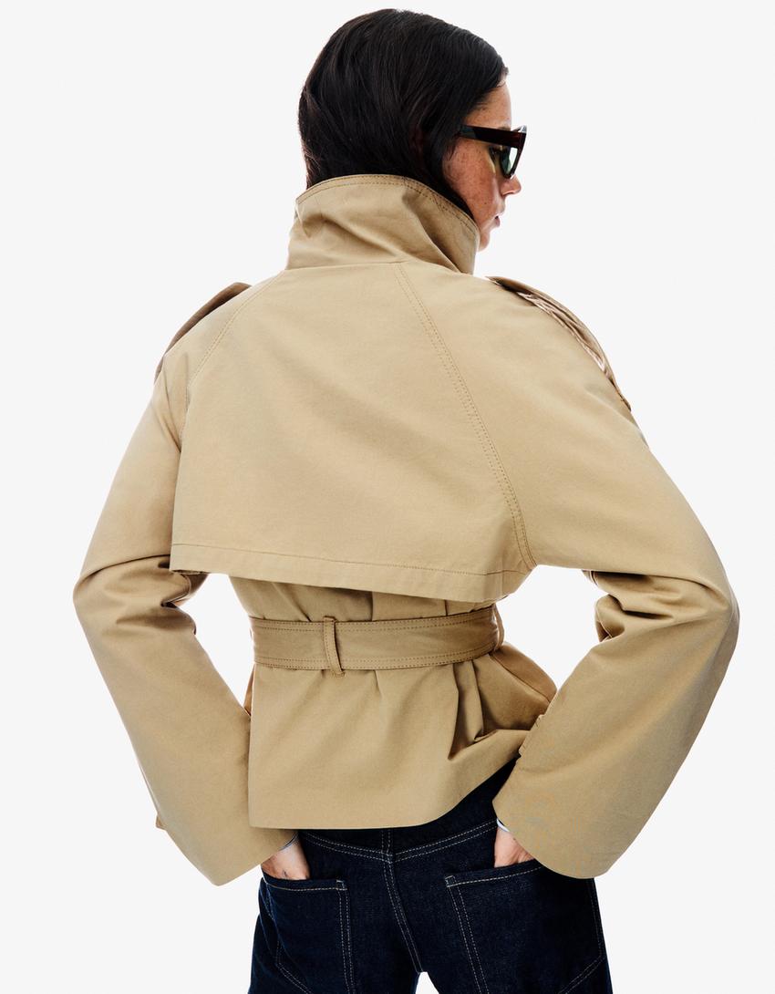 Women's cropped trench jacket with high collar, button front and belted waist