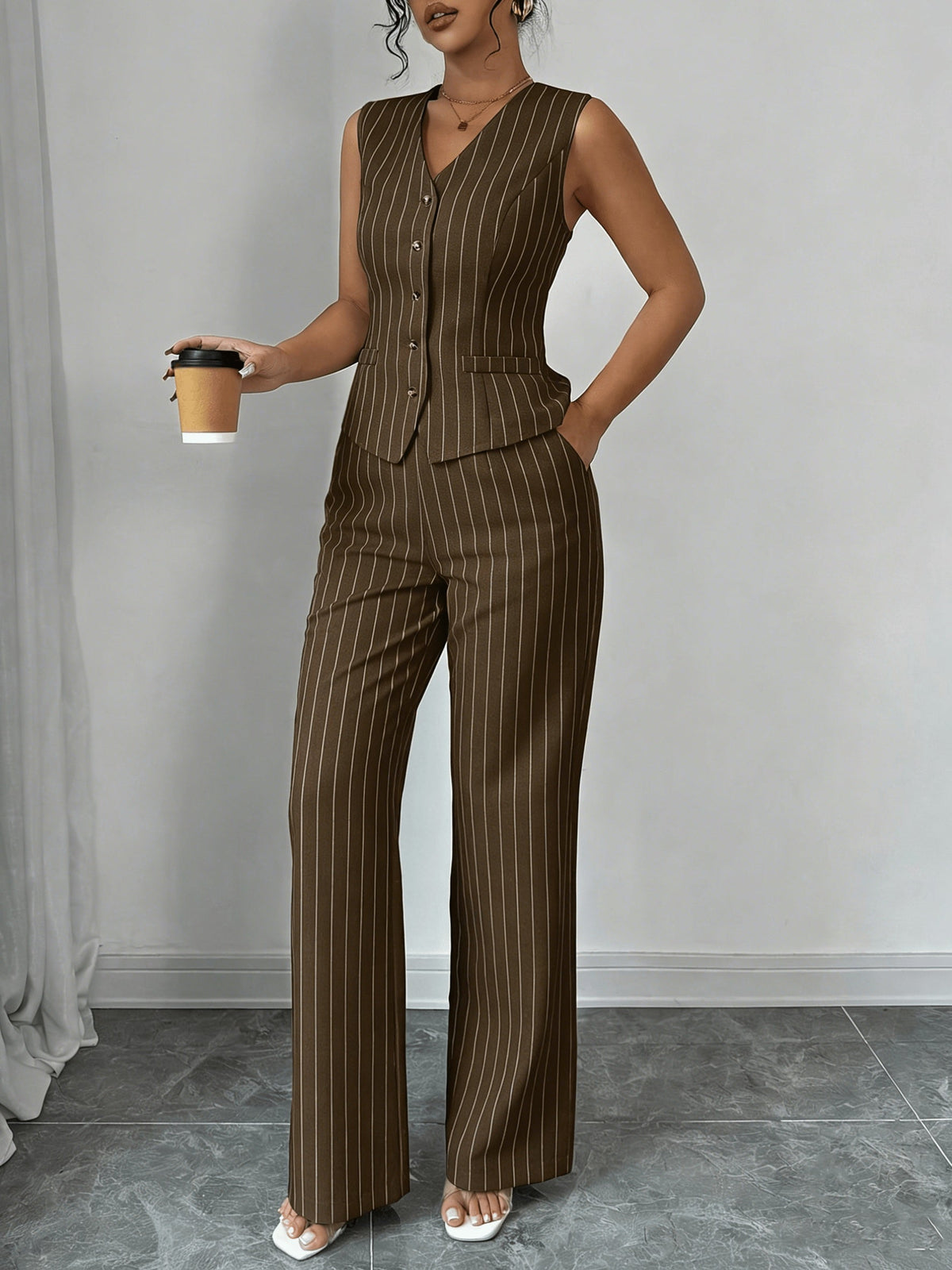 Women's sleeveless pinstripe vest and wide-leg trousers set