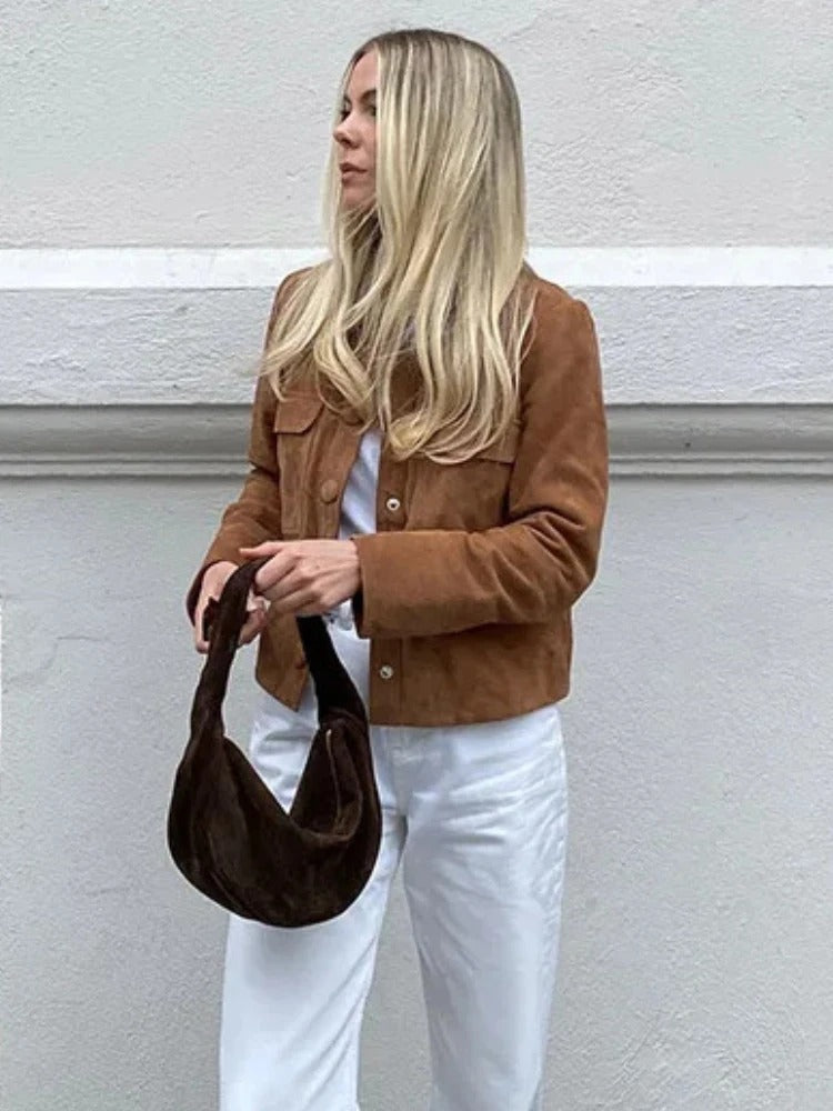 Women's Suede Jacket Cropped Button-Front Chest Pockets - Brown