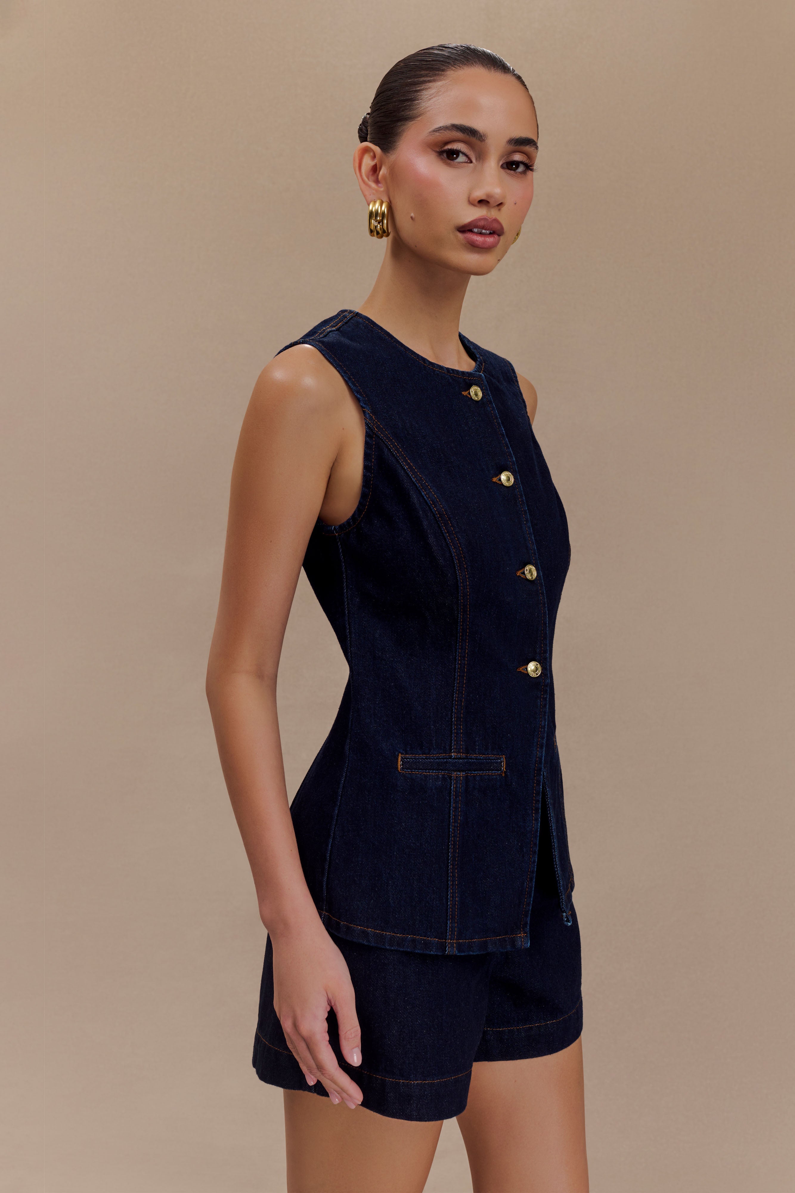 Women’s Sleeveless Denim Button-Up Top | Tailored Dark Wash Vest Top