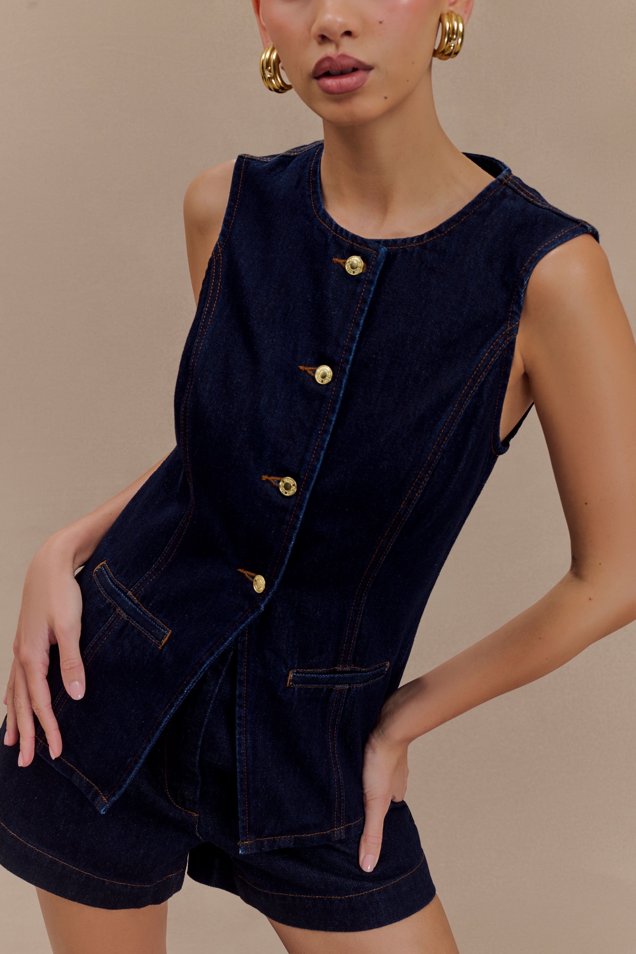 Women’s Sleeveless Denim Button-Up Top | Tailored Dark Wash Vest Top