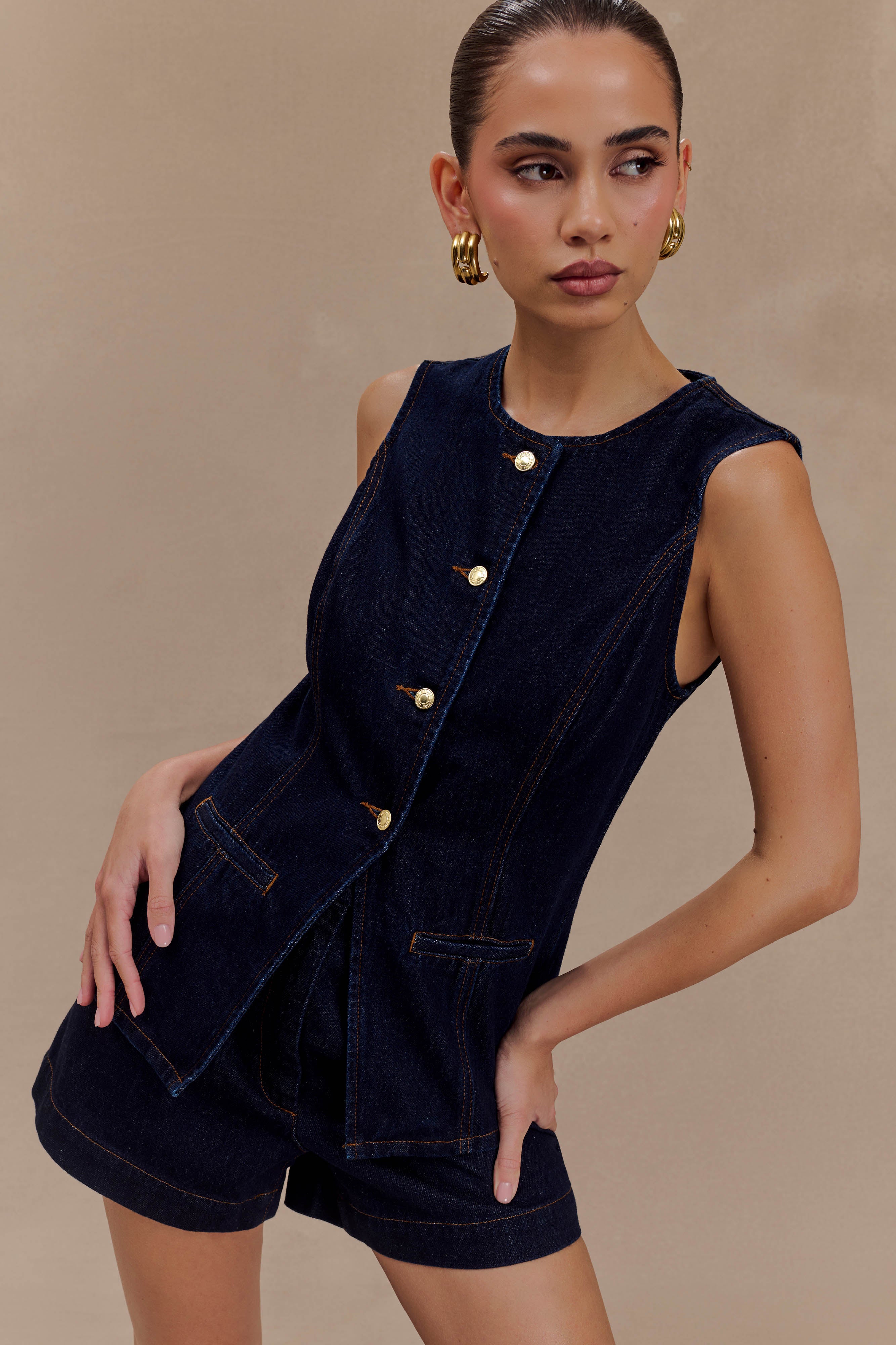 Women’s Sleeveless Denim Button-Up Top | Tailored Dark Wash Vest Top