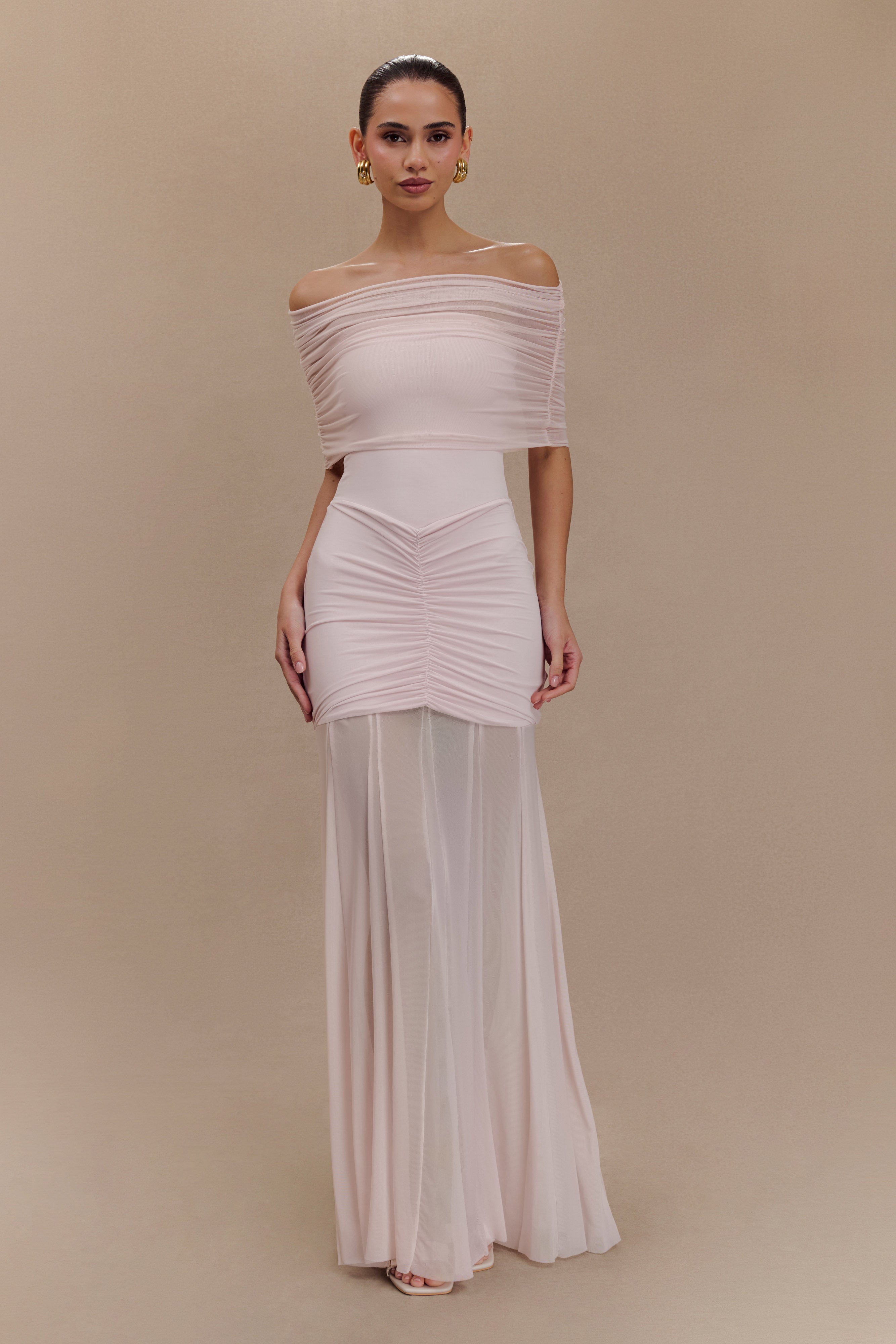 Women’s Off-Shoulder Mesh Maxi Dress | Ruched Slinky Evening Gown in Pale Pink