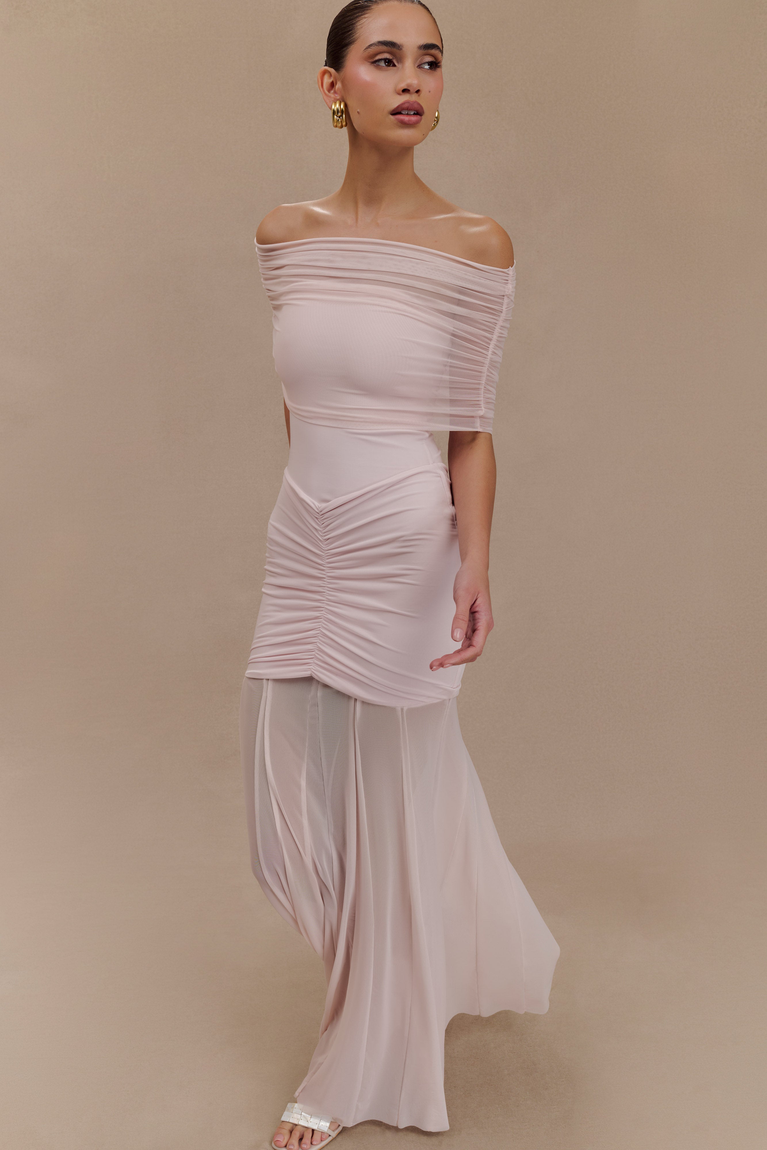 Women’s Off-Shoulder Mesh Maxi Dress | Ruched Slinky Evening Gown in Pale Pink