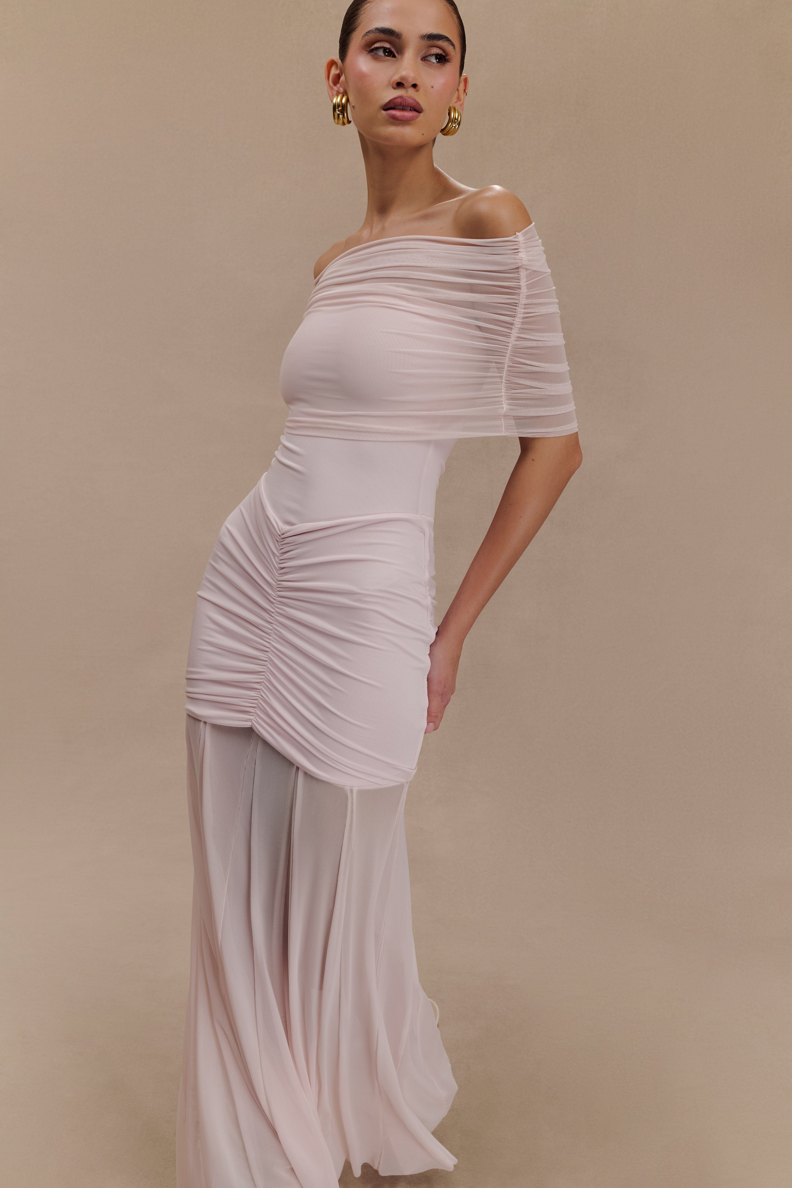 Women’s Off-Shoulder Mesh Maxi Dress | Ruched Slinky Evening Gown in Pale Pink
