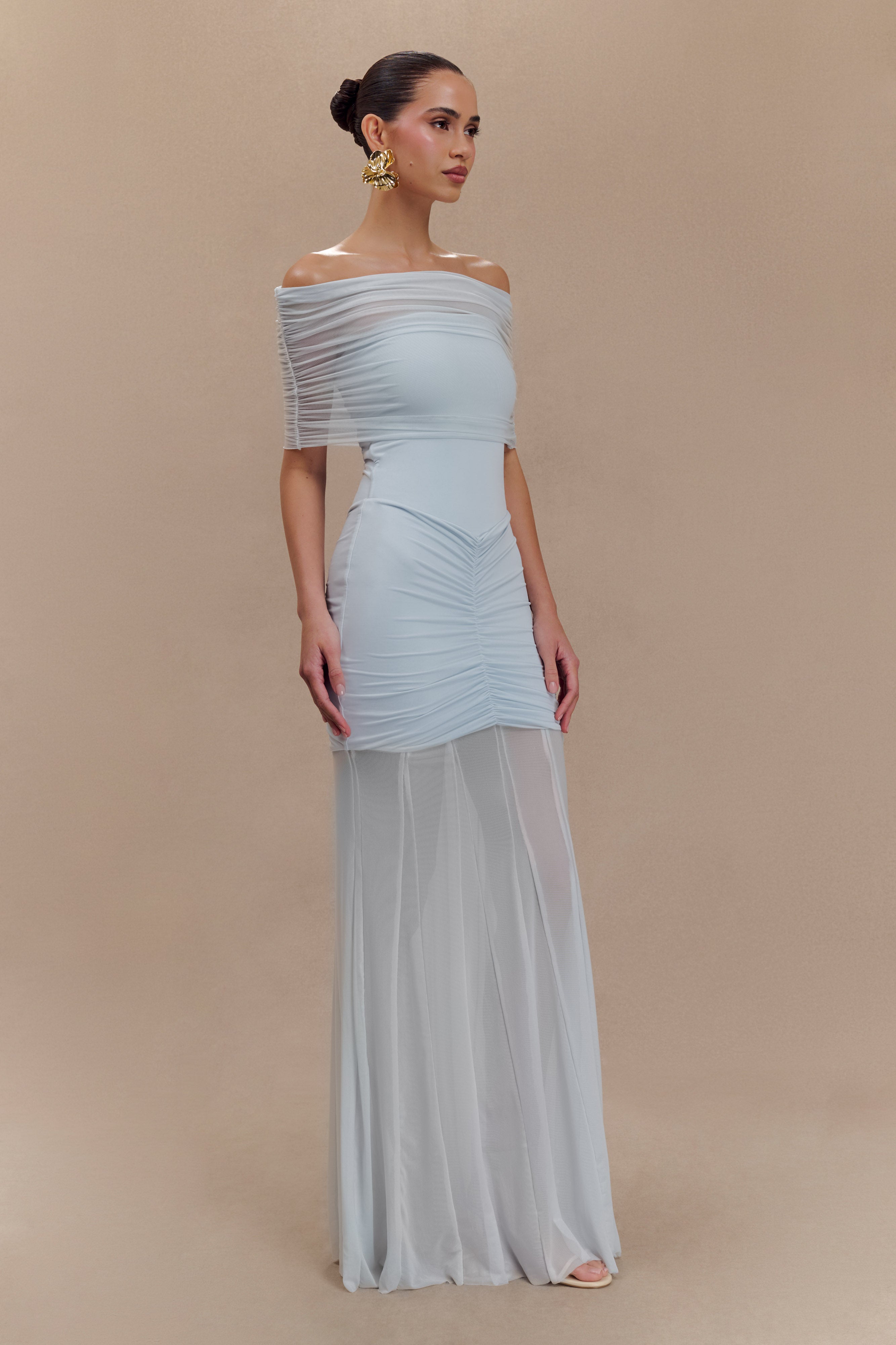 Women’s Off-Shoulder Ruched Mesh Maxi Dress | Pale Blue Evening Gown