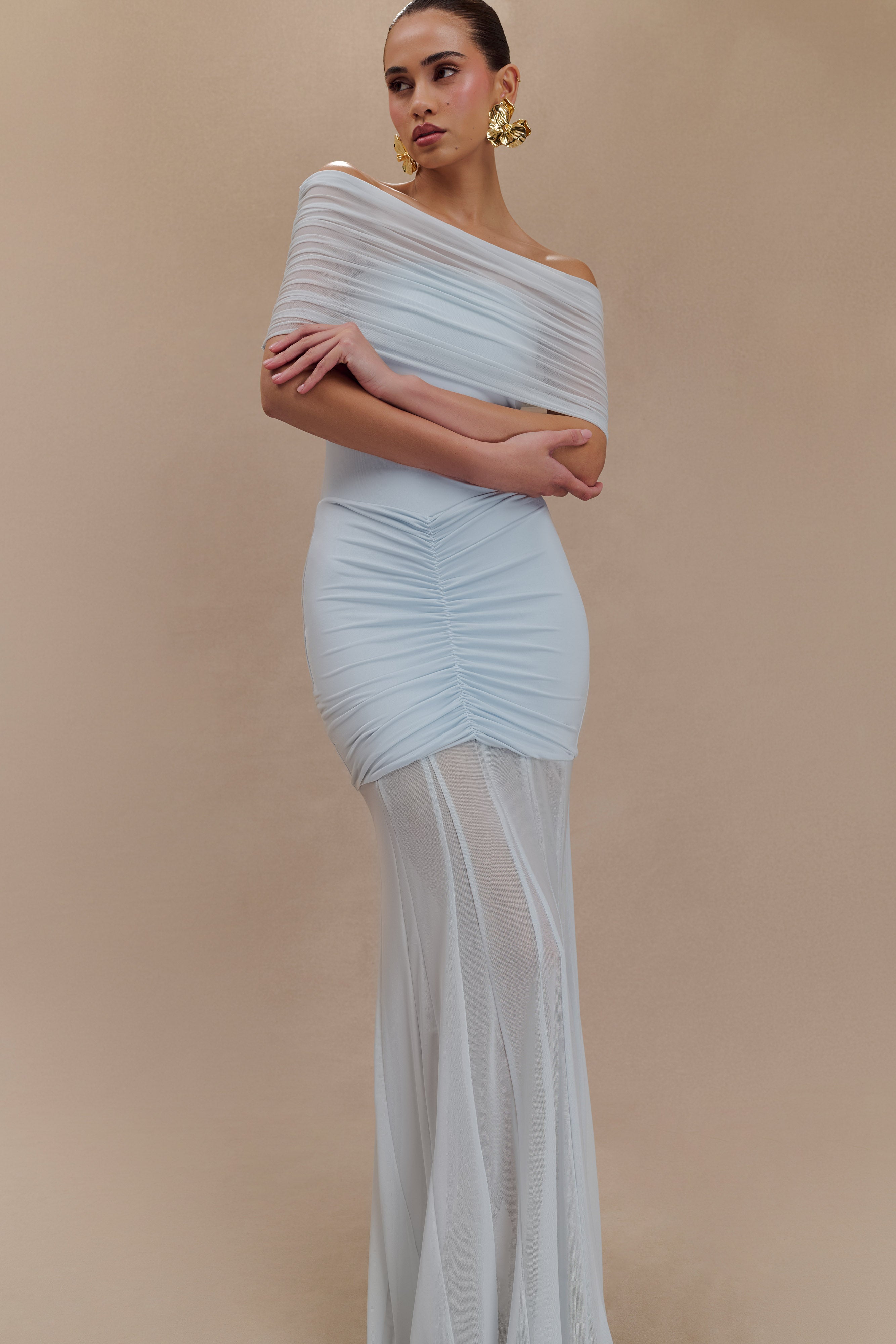 Women’s Off-Shoulder Ruched Mesh Maxi Dress | Pale Blue Evening Gown