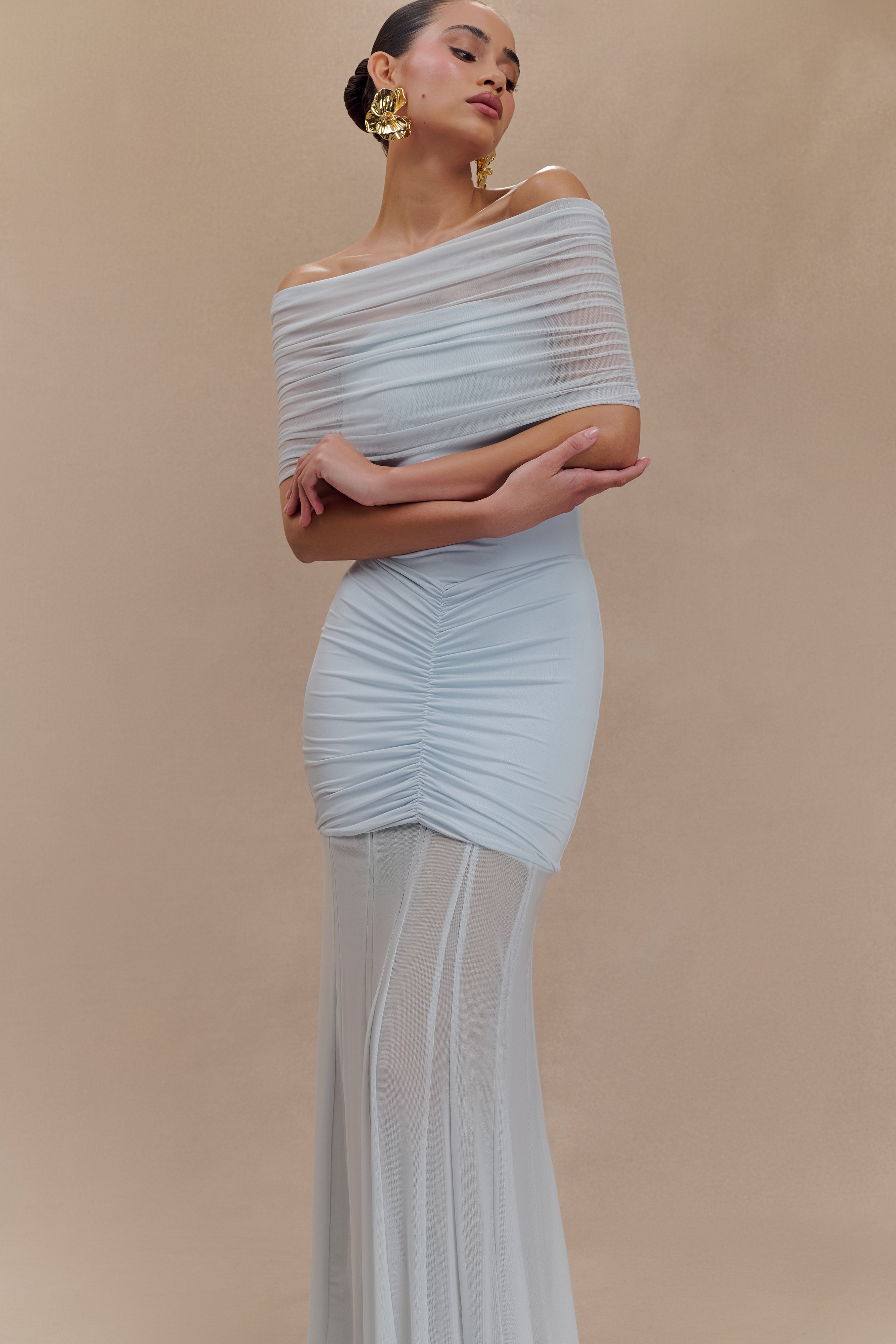 Women’s Off-Shoulder Ruched Mesh Maxi Dress | Pale Blue Evening Gown