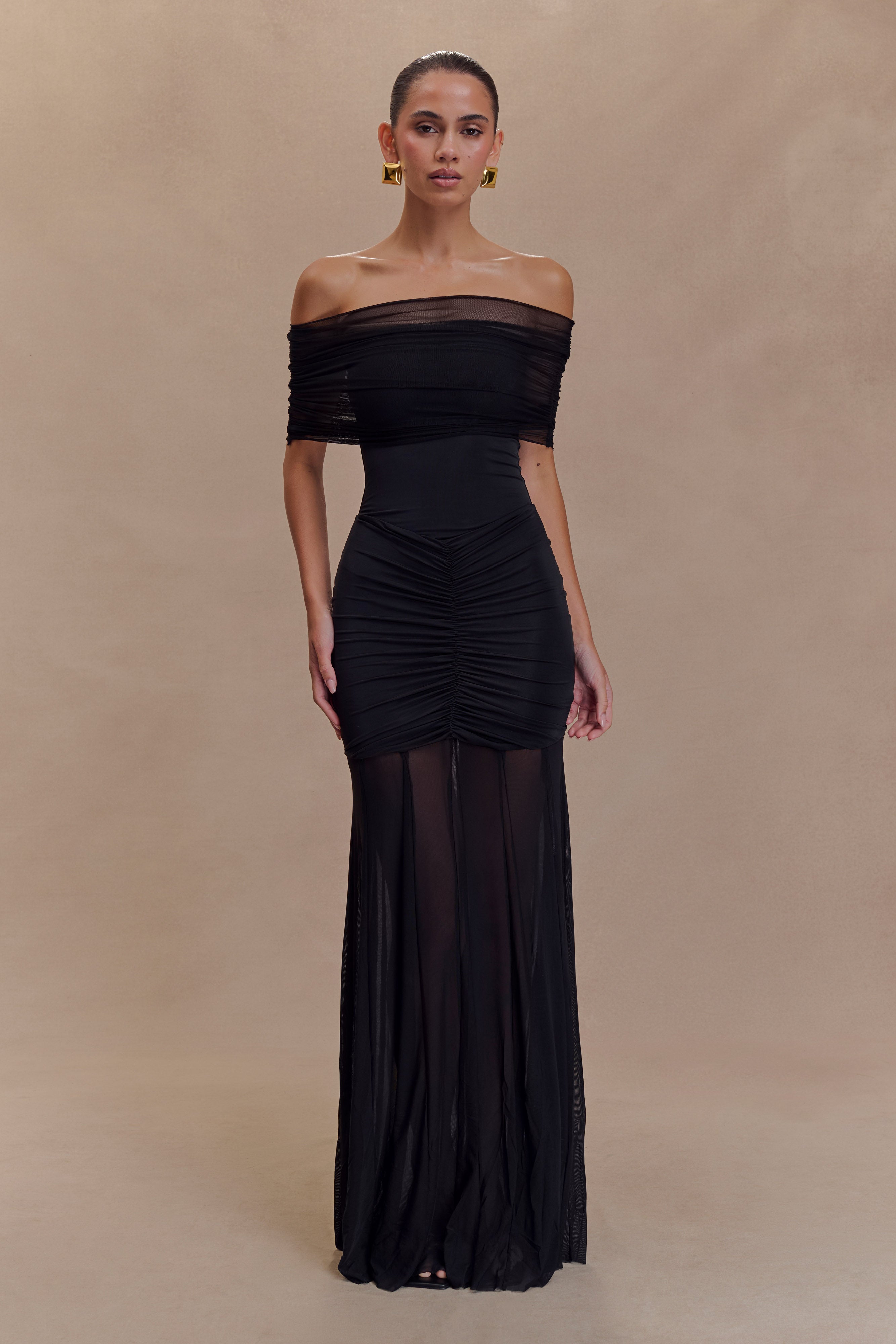 Women’s Off-Shoulder Ruched Mesh Maxi Dress | Black Evening Gown