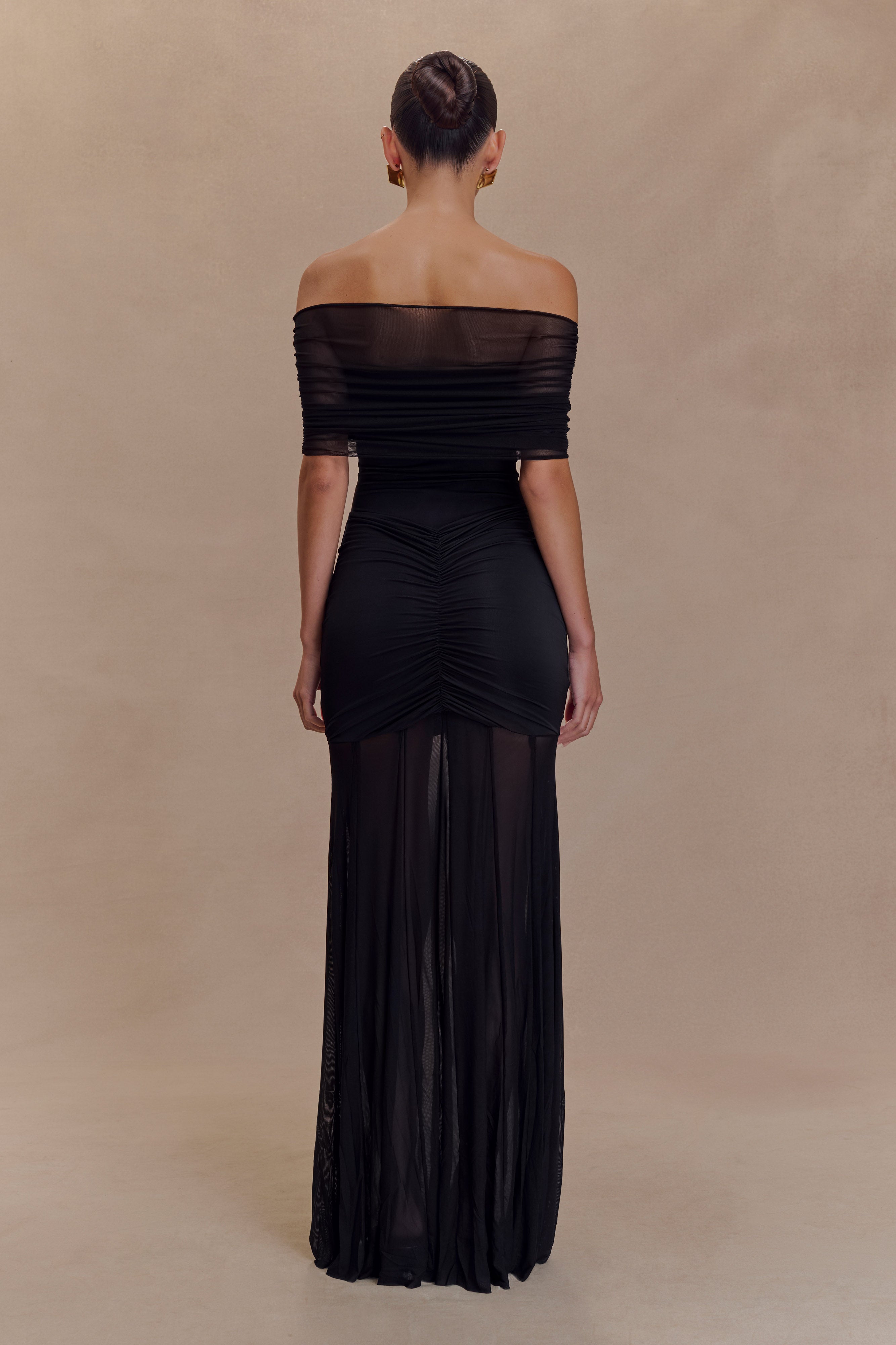 Women’s Off-Shoulder Ruched Mesh Maxi Dress | Black Evening Gown