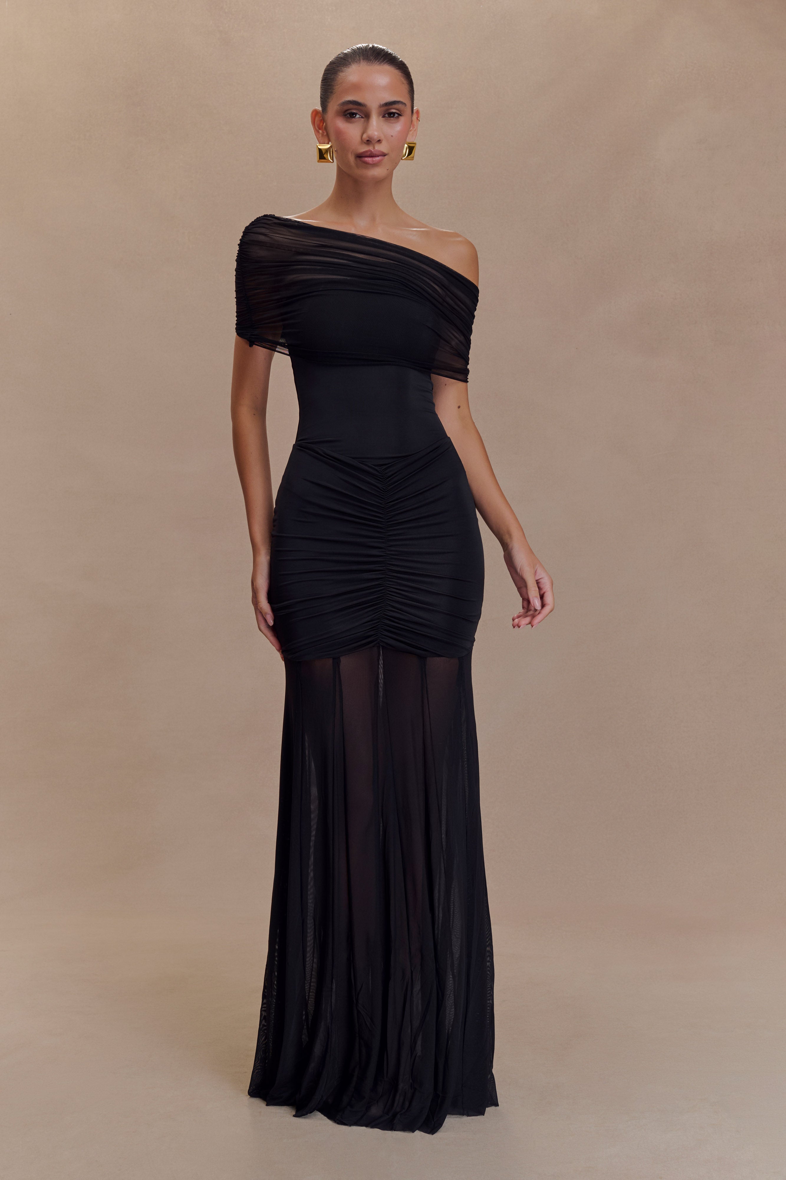 Women’s Off-Shoulder Ruched Mesh Maxi Dress | Black Evening Gown