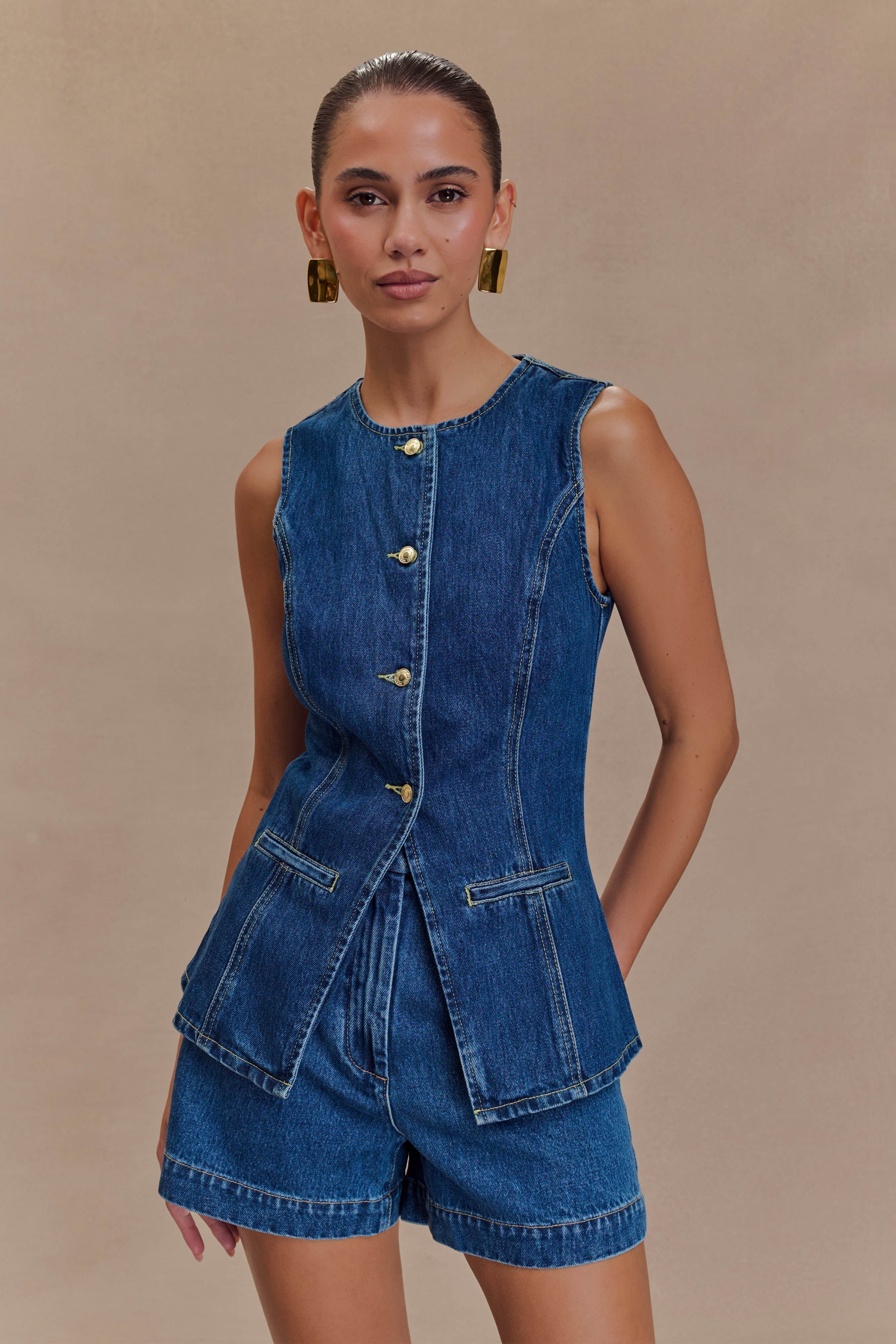 Women’s Sleeveless Denim Peplum Button-Up Top | Dark Blue Wash Tailored Vest