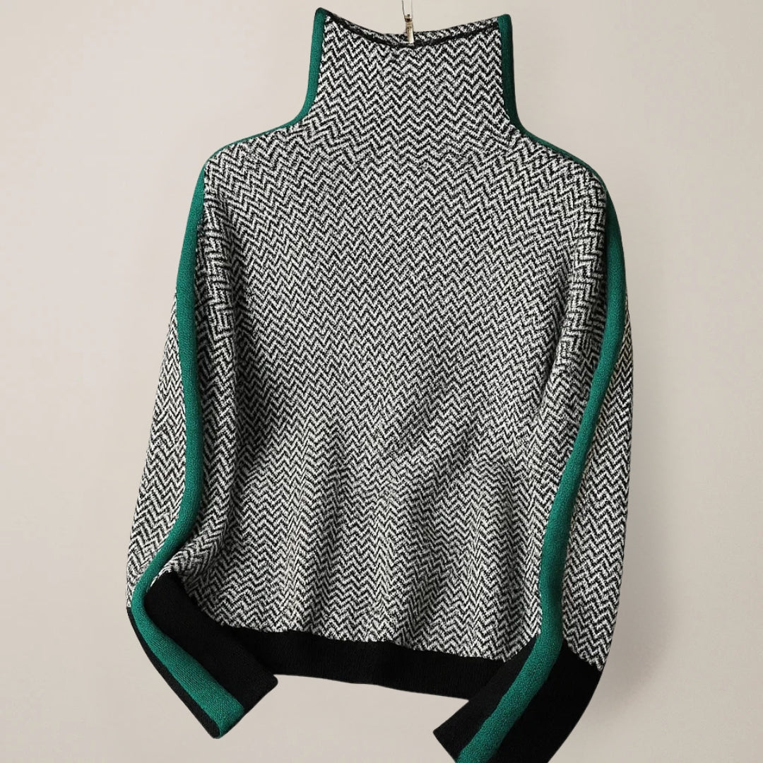 Women's chevron turtleneck jumper with contrast sleeve trims