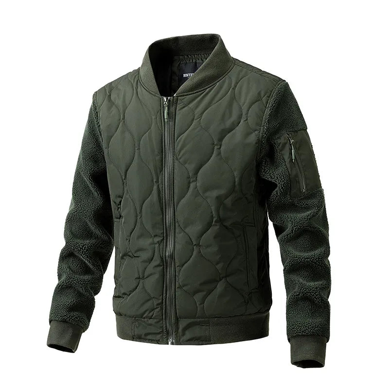 Men's Quilted Jacket Fleece Sleeve Stand Collar - Green