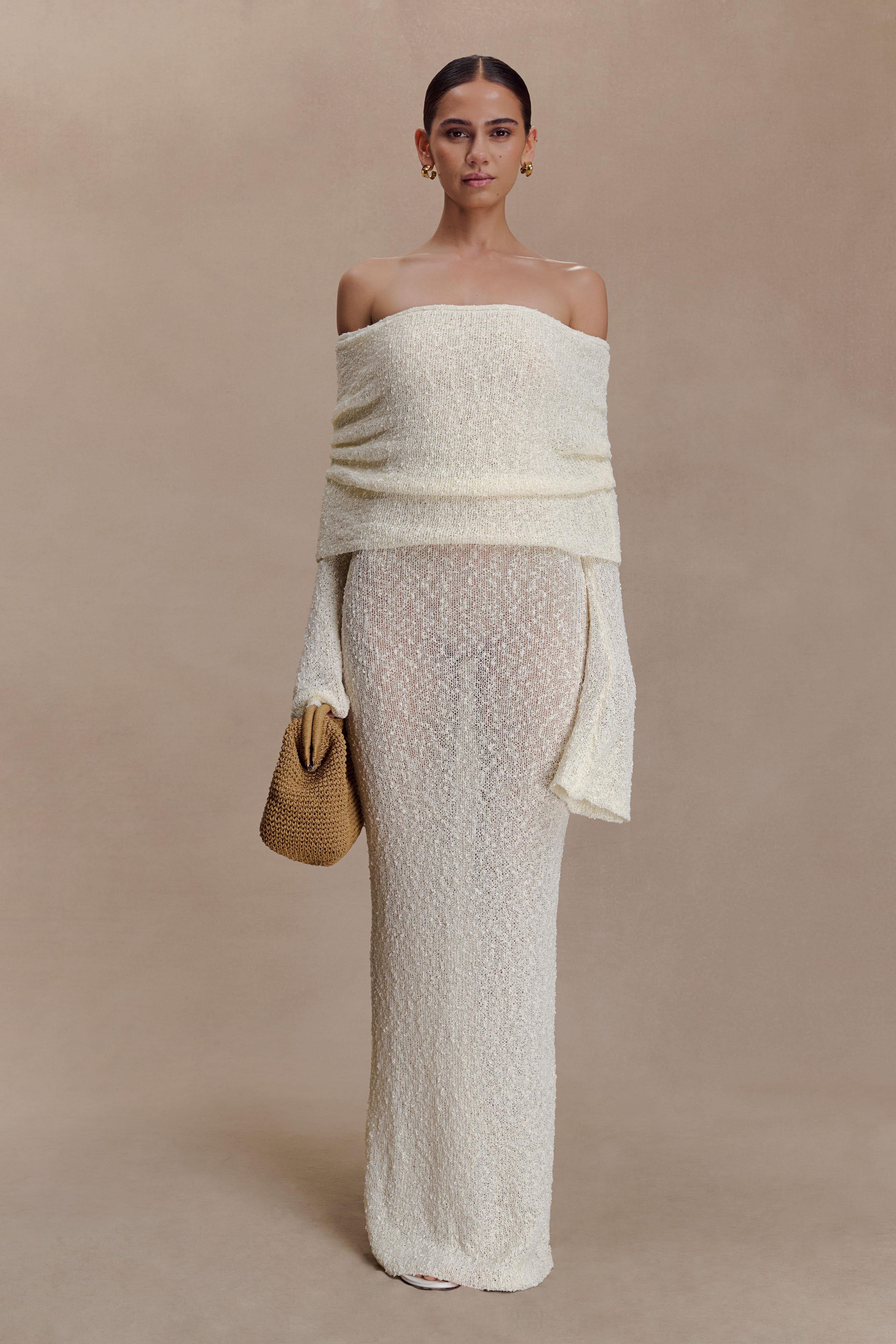 Women’s Elegant Ribbed Maxi Dress | Cream Off-Shoulder Gown