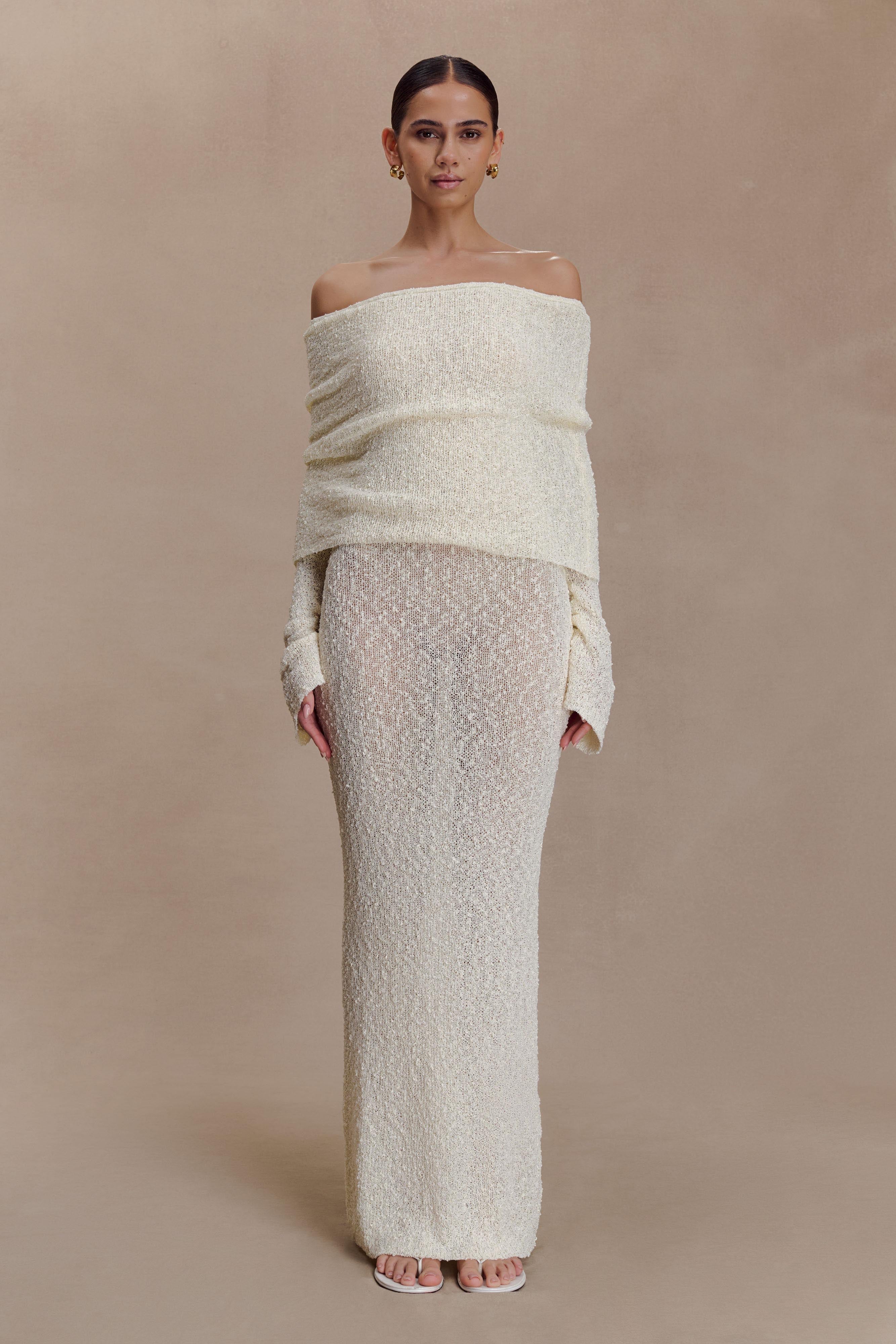 Women’s Elegant Ribbed Maxi Dress | Cream Off-Shoulder Gown