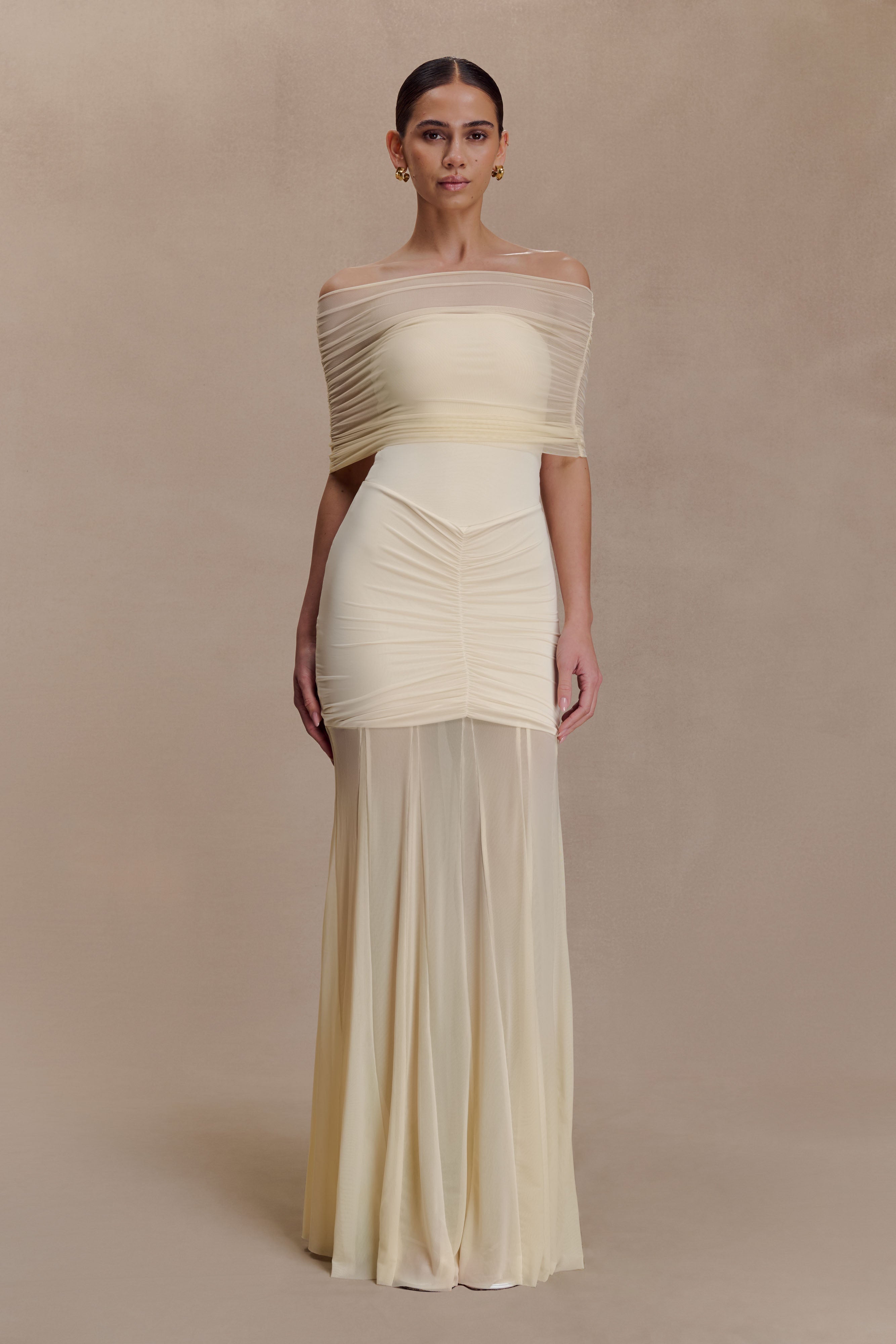 Women’s Off-Shoulder Ruched Mesh Maxi Dress | Champagne Ivory Evening Gown