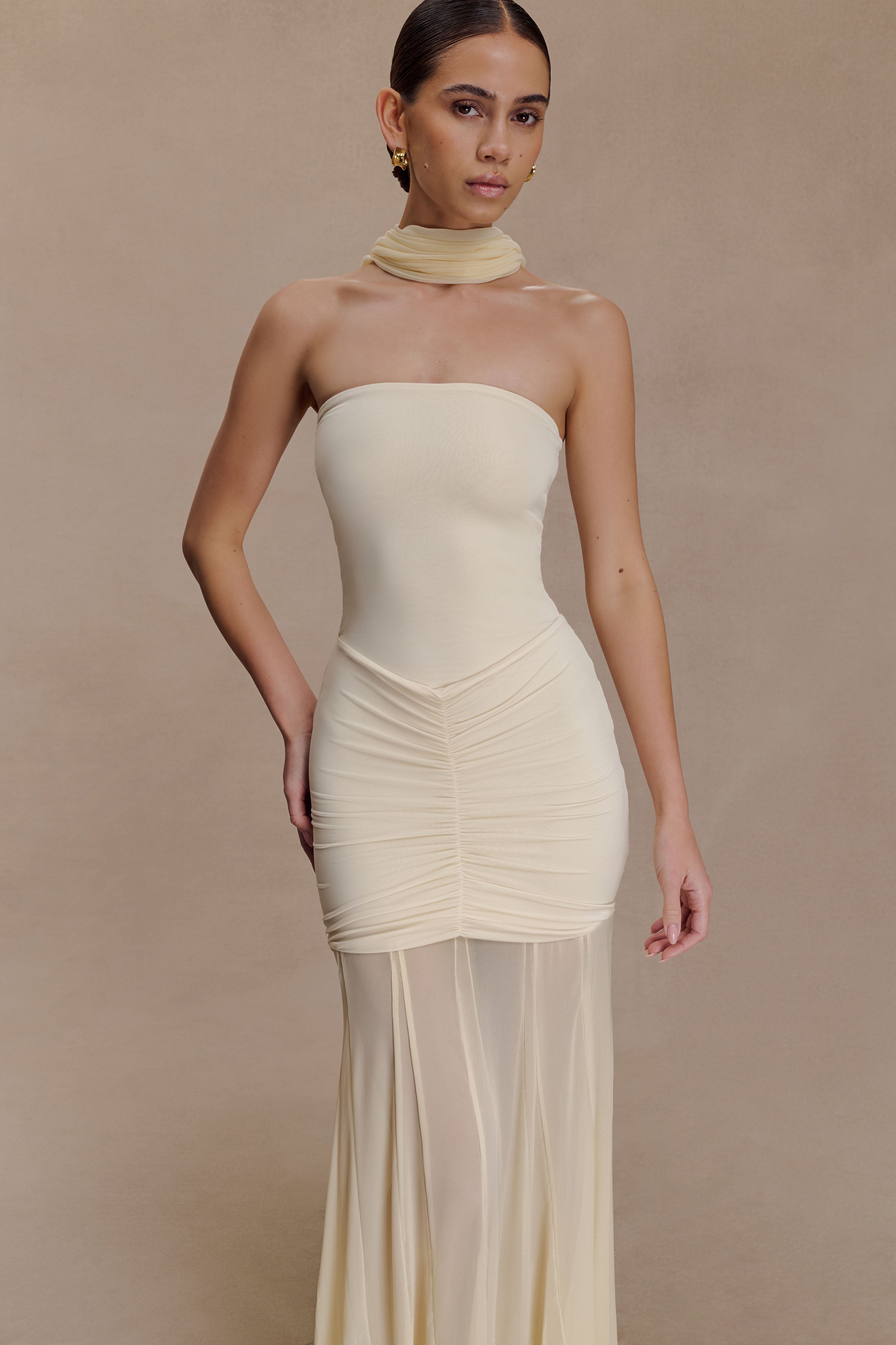 Women’s Off-Shoulder Ruched Mesh Maxi Dress | Champagne Ivory Evening Gown