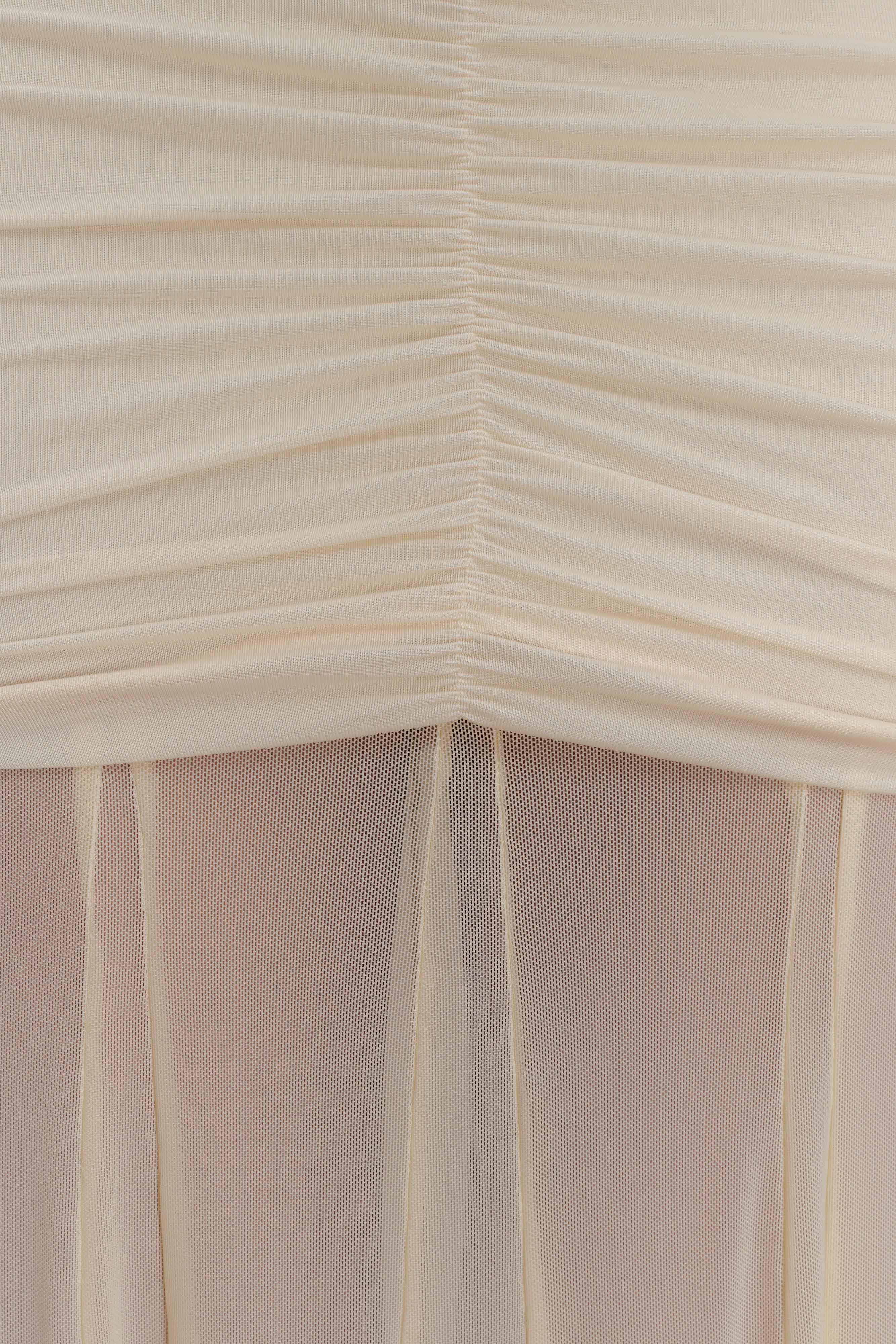 Women’s Off-Shoulder Ruched Mesh Maxi Dress | Champagne Ivory Evening Gown
