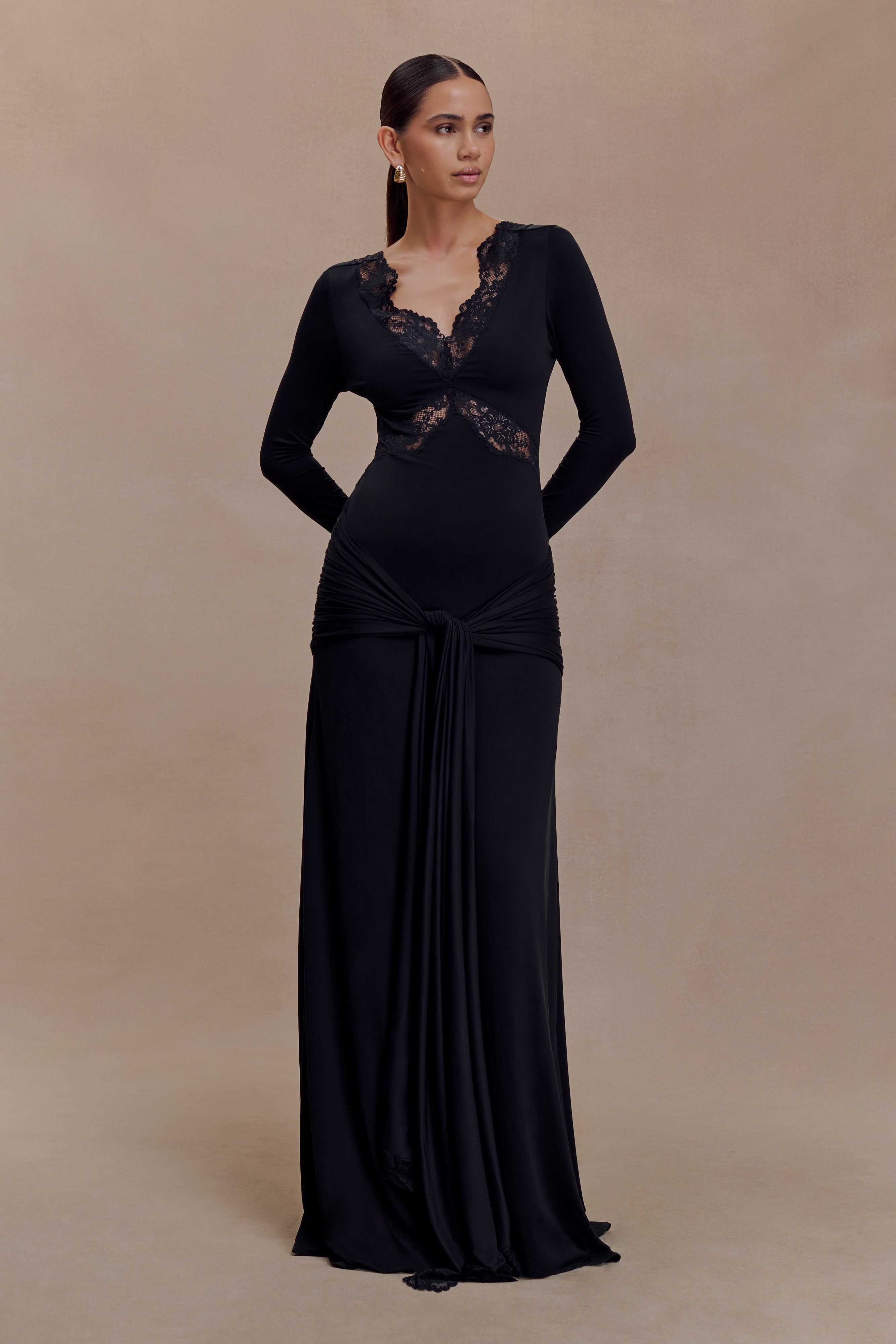 Women’s Lace Sleeve Maxi Dress | Deep V Neck Slinky Evening Gown