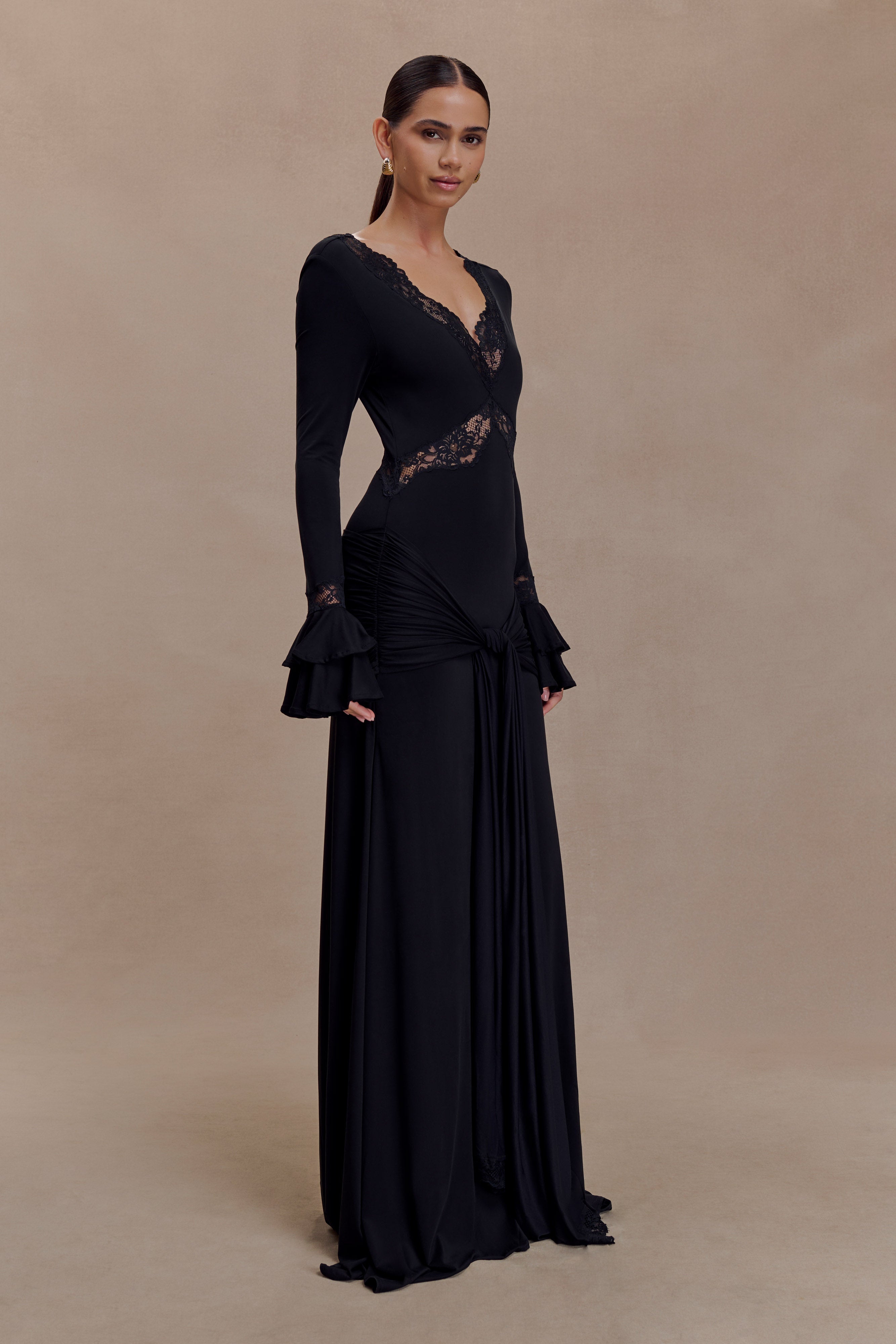 Women’s Lace Sleeve Maxi Dress | Deep V Neck Slinky Evening Gown