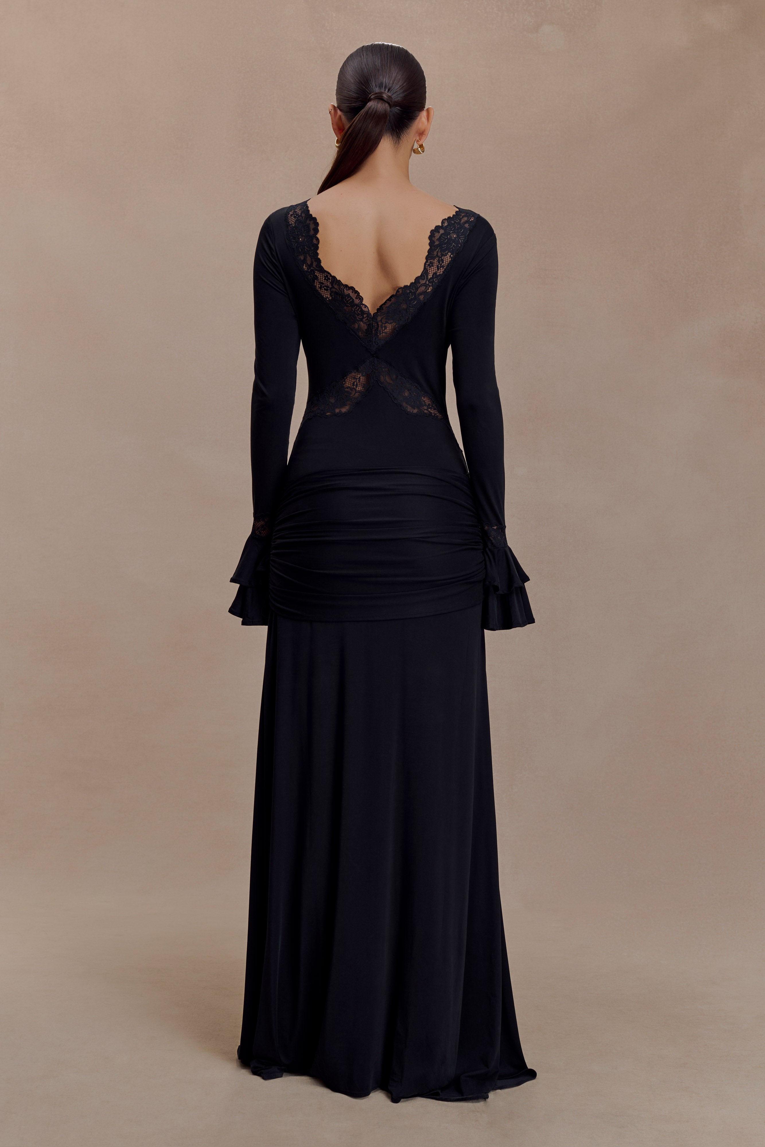 Women’s Lace Sleeve Maxi Dress | Deep V Neck Slinky Evening Gown