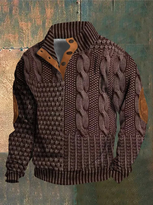 Men's textured cable knit jumper with mock neck, button placket and contrasting elbow patches