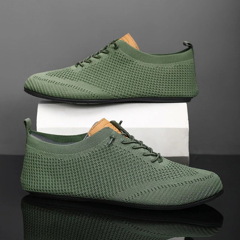 Mesh knit lace-up trainers with textured panels, round toes and flat soles