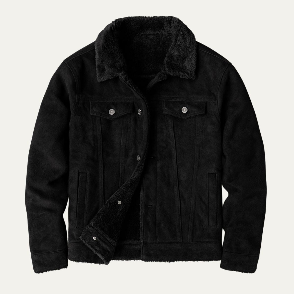 Men's fleece-lined faux leather jacket with shearling-style collar and multiple pockets