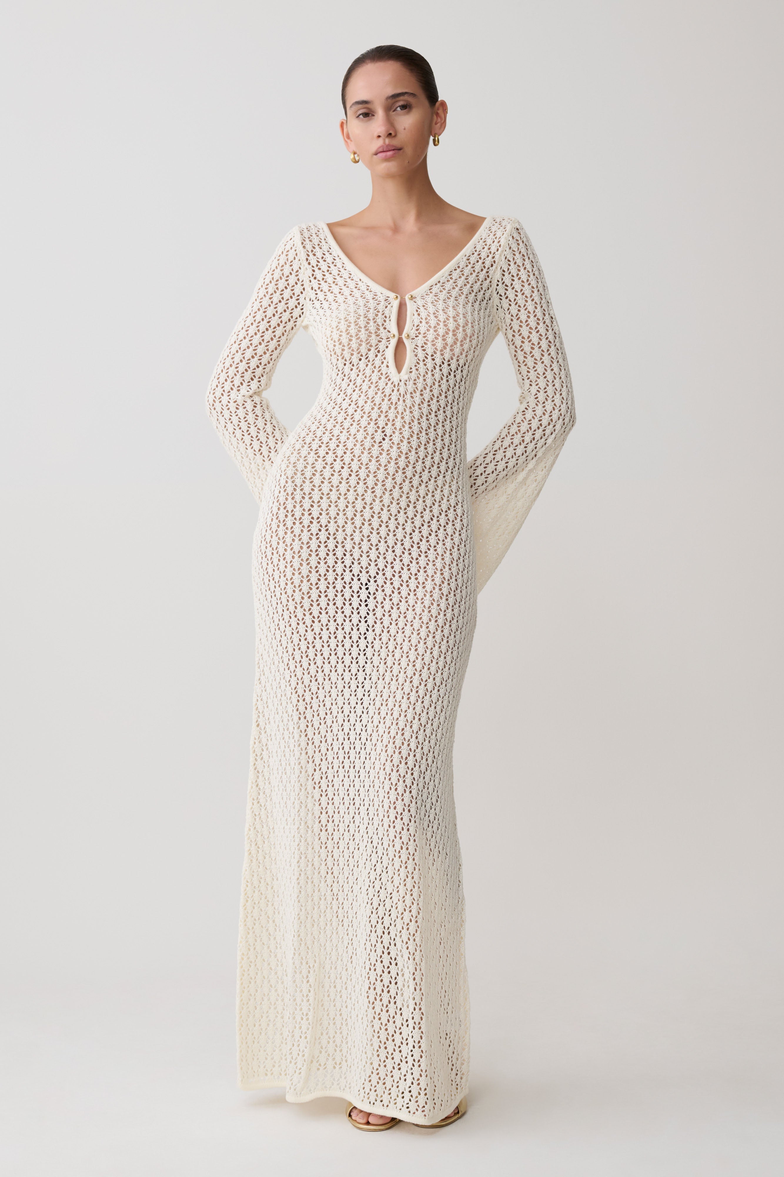 Women’s Crochet Cut-Out Maxi Dress | White Bell Sleeve Resort Dress