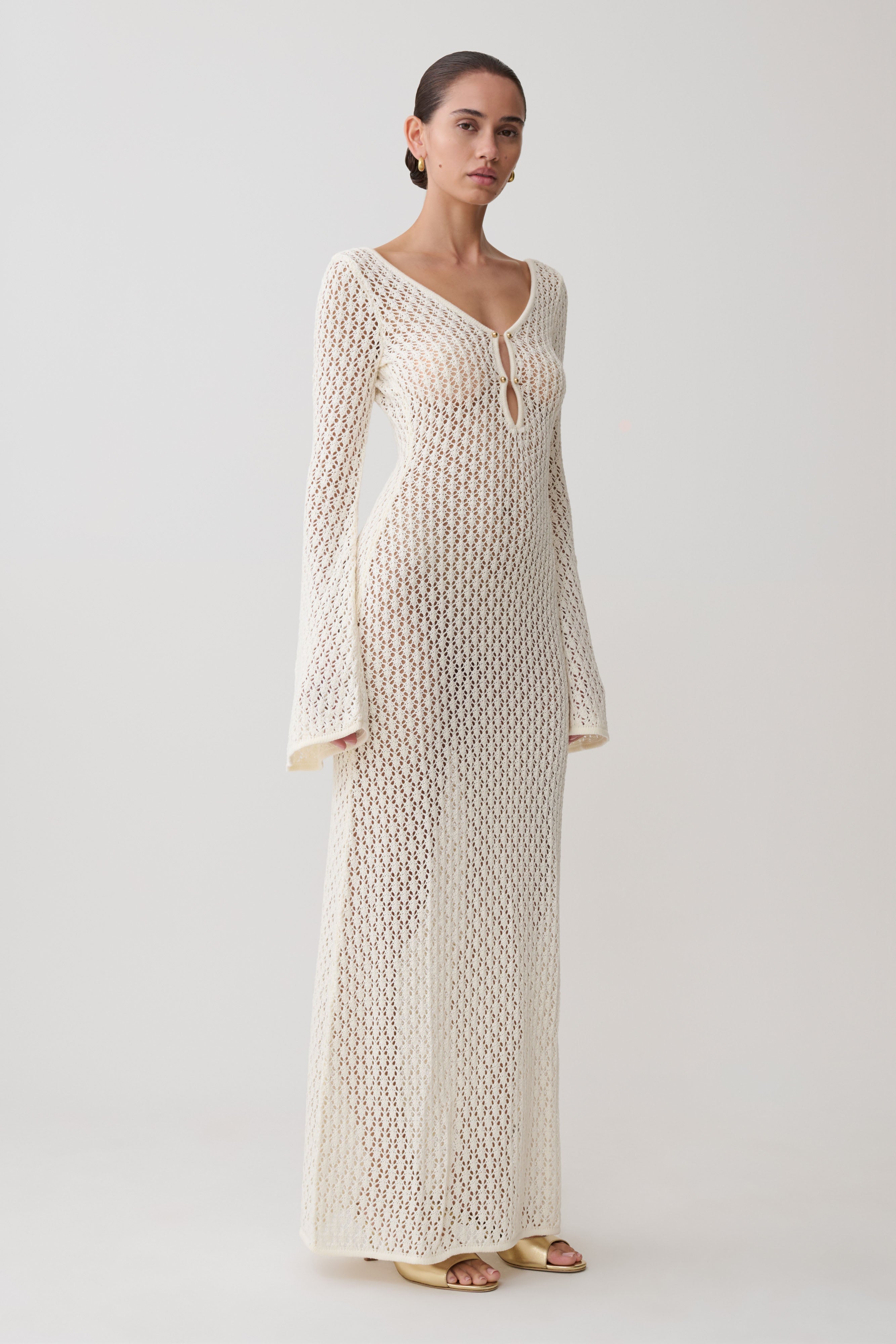 Women’s Crochet Cut-Out Maxi Dress | White Bell Sleeve Resort Dress