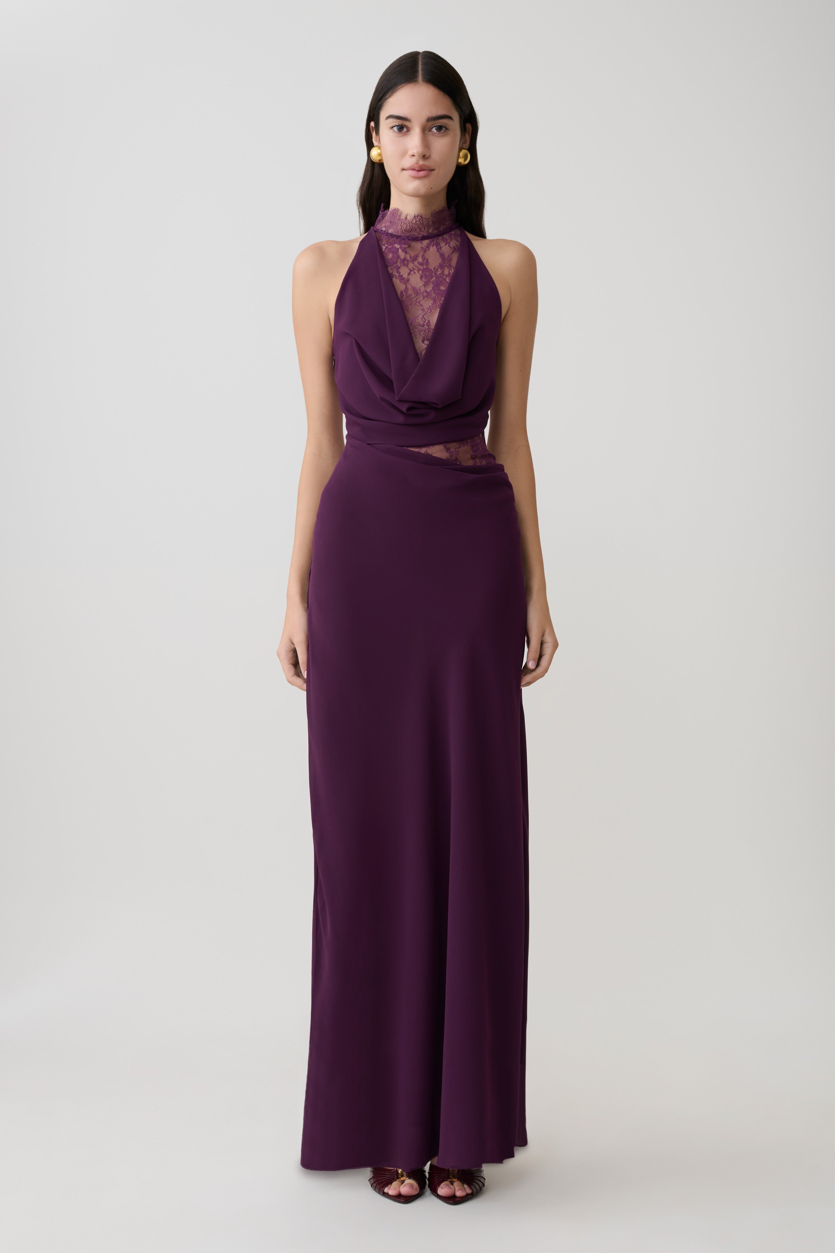 Women’s Lace-Back Halter Maxi Dress | Chiffon Evening Gown with Cowl Neck Detail