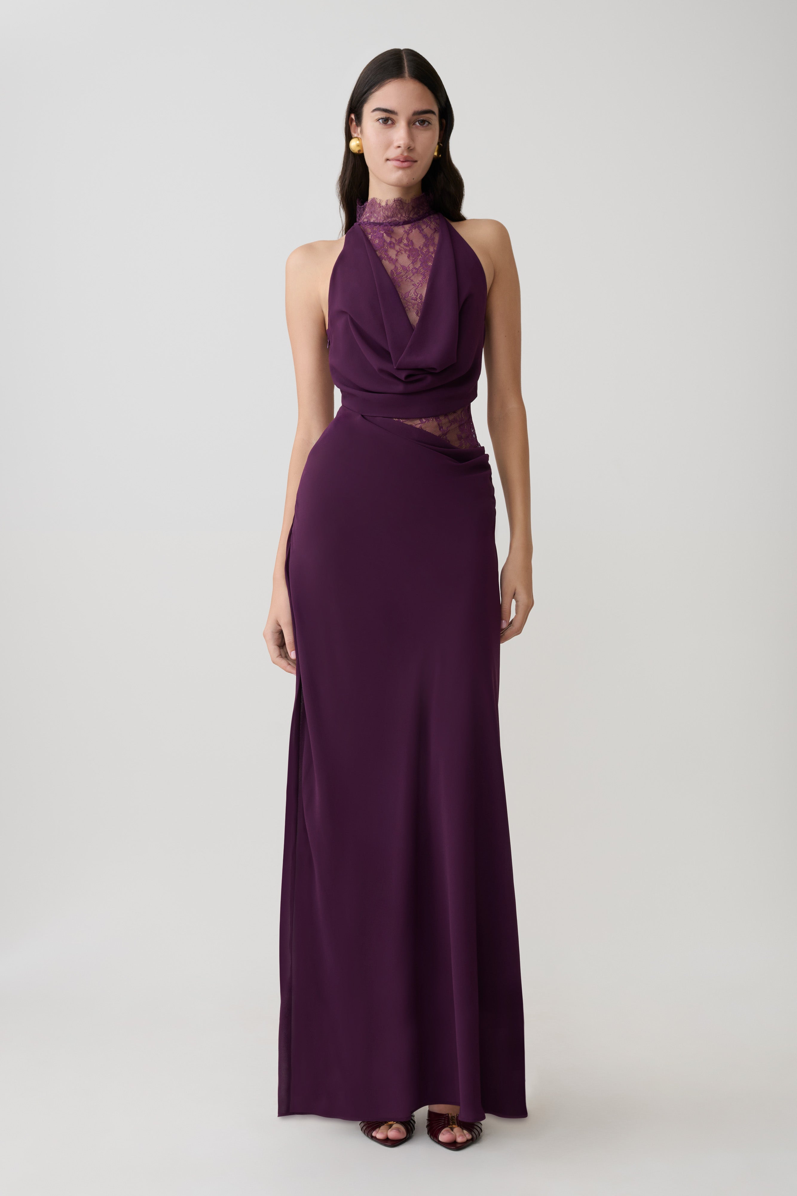 Women’s Lace-Back Halter Maxi Dress | Chiffon Evening Gown with Cowl Neck Detail