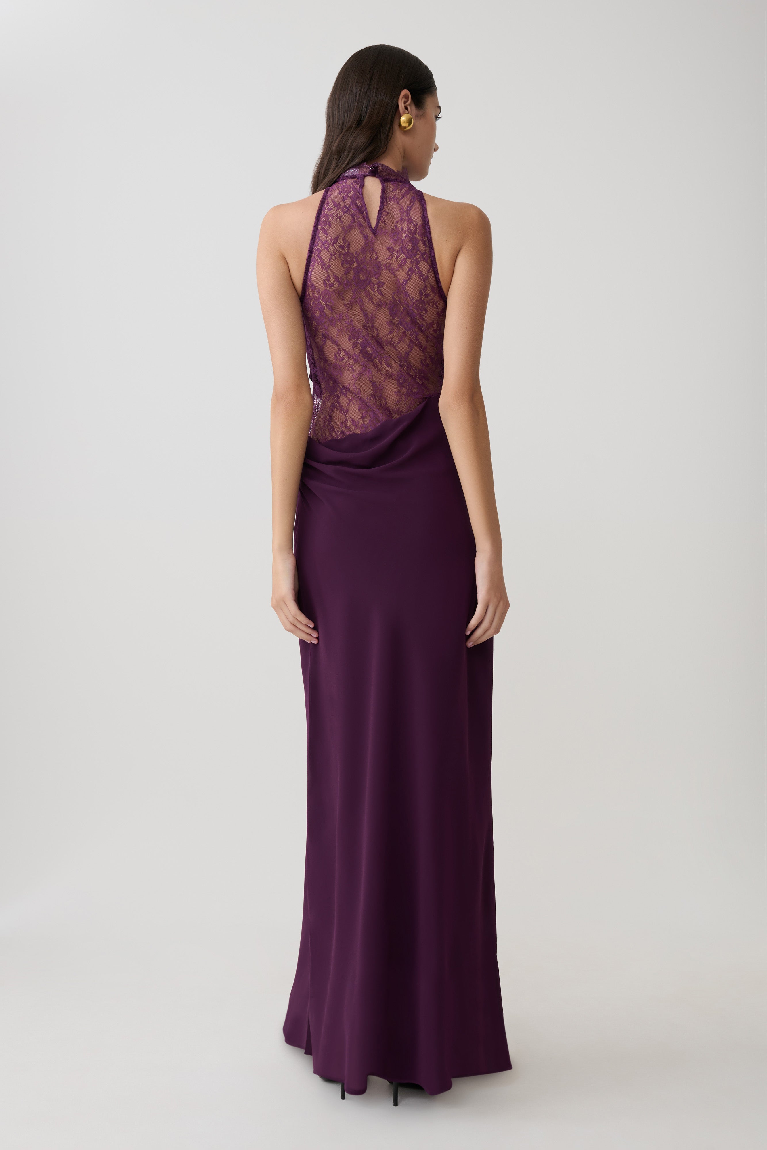 Women’s Lace-Back Halter Maxi Dress | Chiffon Evening Gown with Cowl Neck Detail