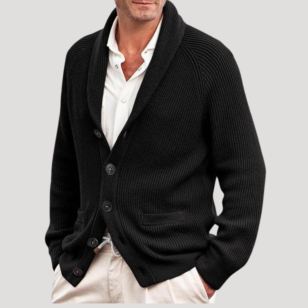 Men's ribbed knit cardigan with shawl collar, button front and long sleeves
