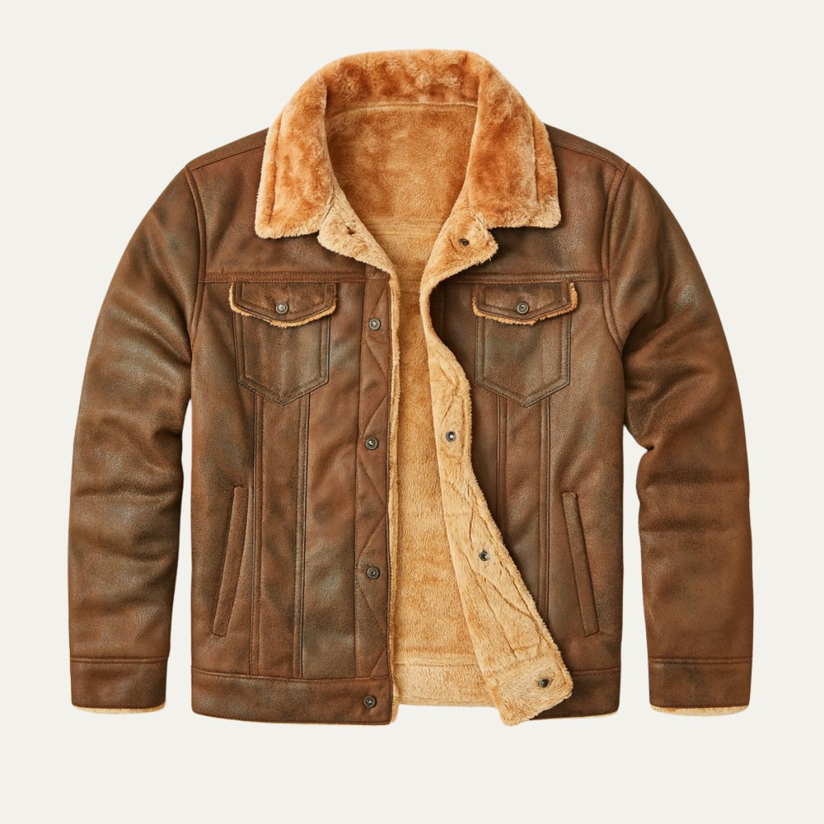 Men's fleece-lined faux leather jacket with shearling-style collar and multiple pockets