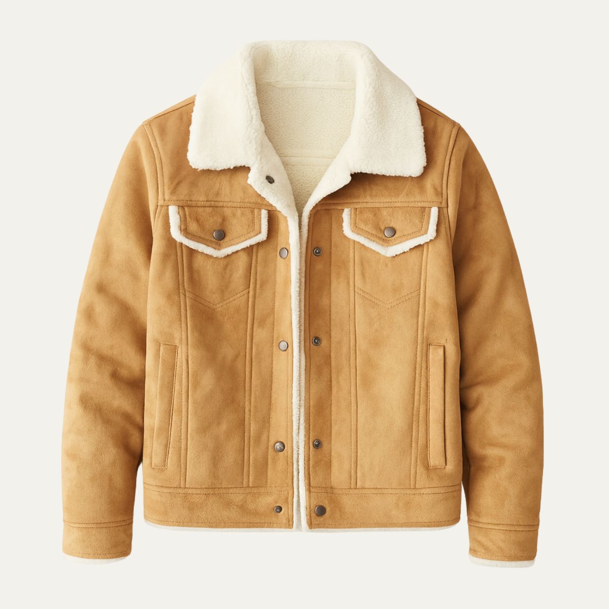Men's fleece-lined faux leather jacket with shearling-style collar and multiple pockets