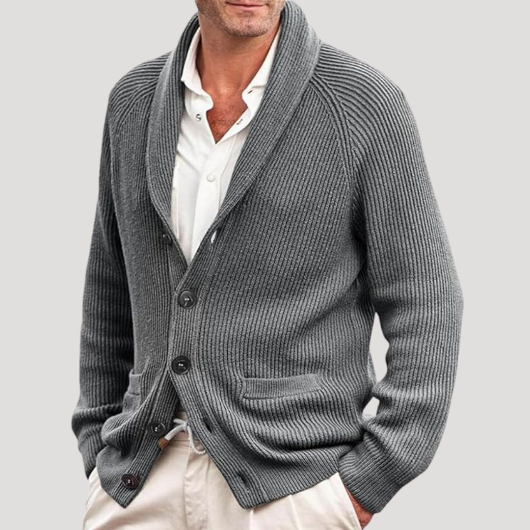 Men's ribbed knit cardigan with shawl collar, button front and long sleeves