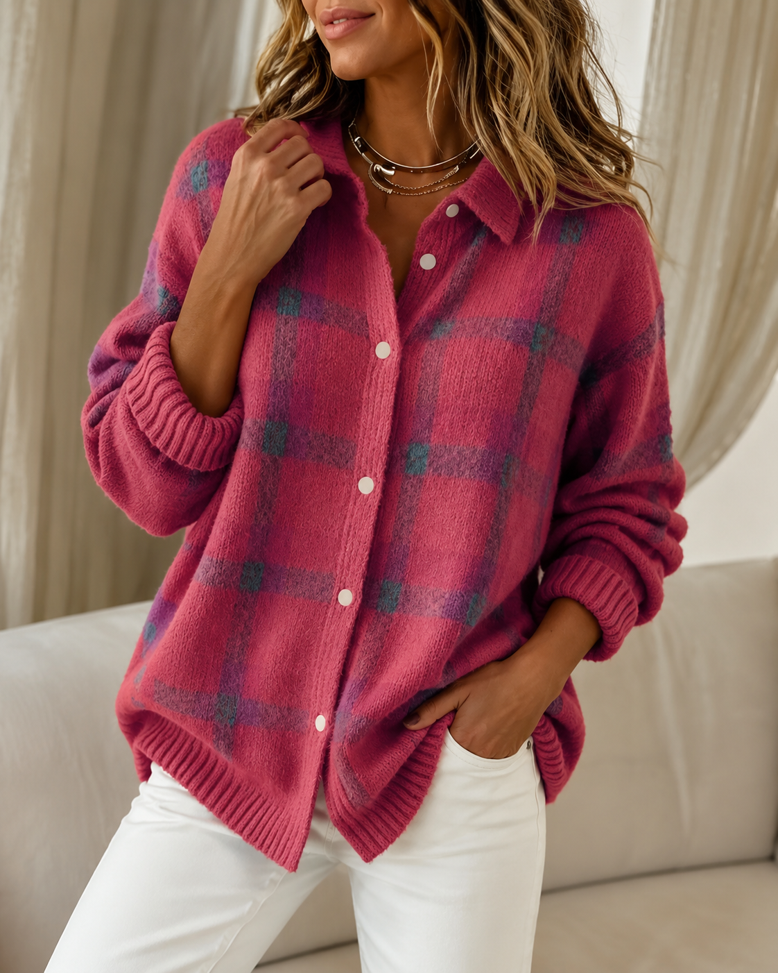 Women's checked knitted cardigan with collared neckline and button front