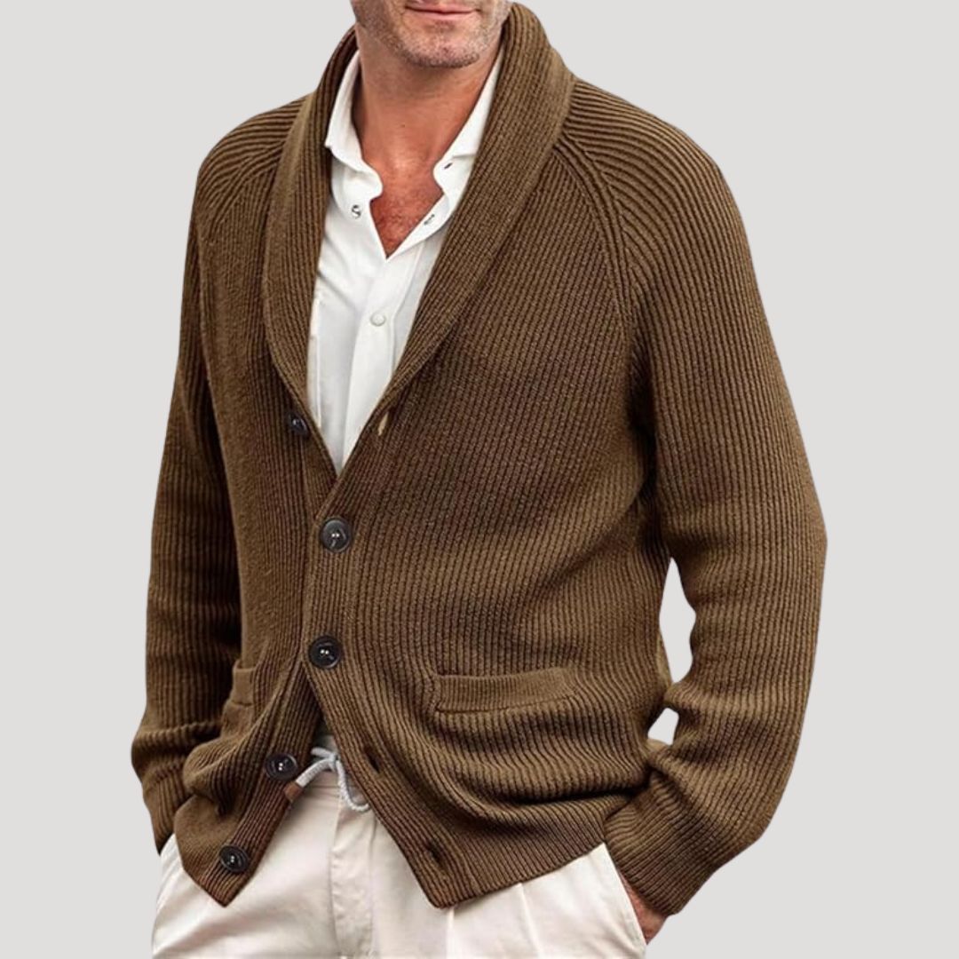 Men's ribbed knit cardigan with shawl collar, button front and long sleeves