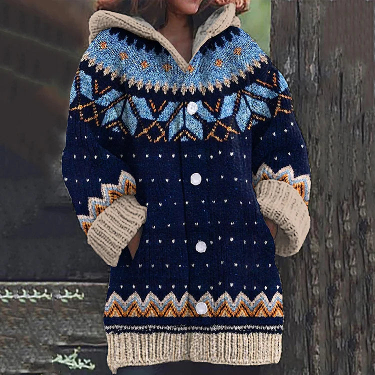 Women's multicolour hooded Nordic pattern knit cardigan with buttons and pockets