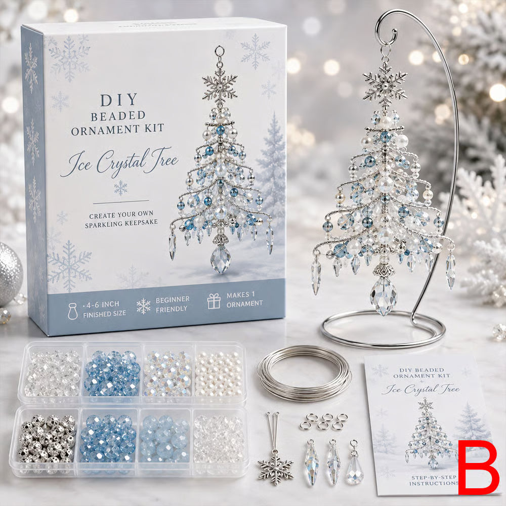 DIY beaded Christmas ornament kits with layered tree and snowflake designs, beads, wire and instructions
