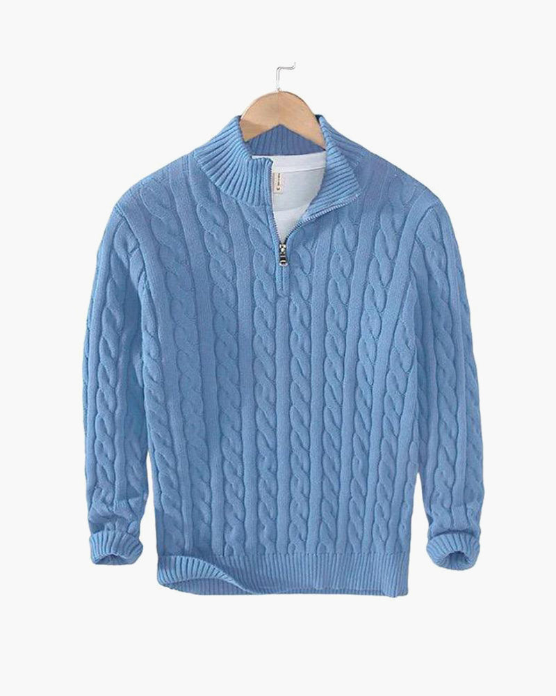 Men's cable knit half-zip sweater with mock neck and long sleeves