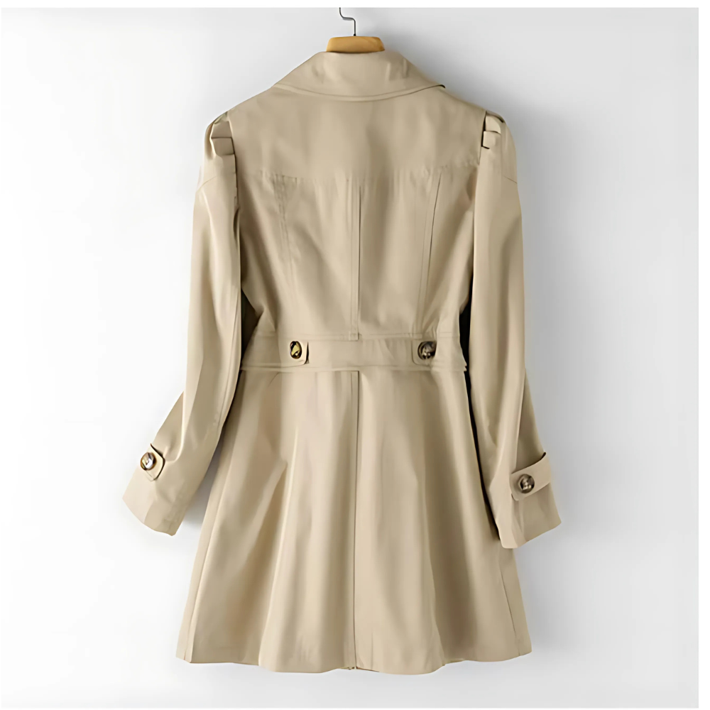 Women's tailored trench coat with long sleeves, notched lapels, button front and flap pockets