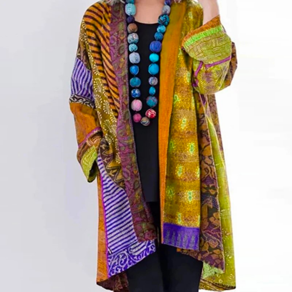Women's loose multicoloured patchwork cardigan with open front and long sleeves